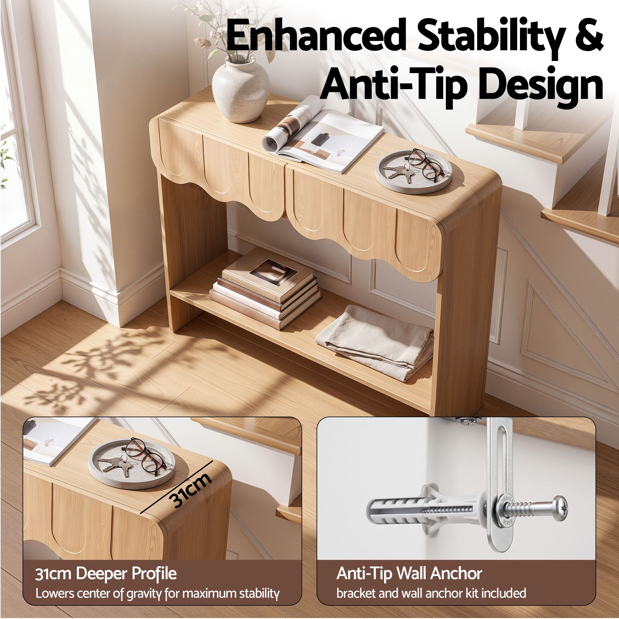 Artiss 2-Drawer Console Table, Scalloped Entryway Table with Safe Rounded Corners, 100 x 31 x 80 cm Bedworld