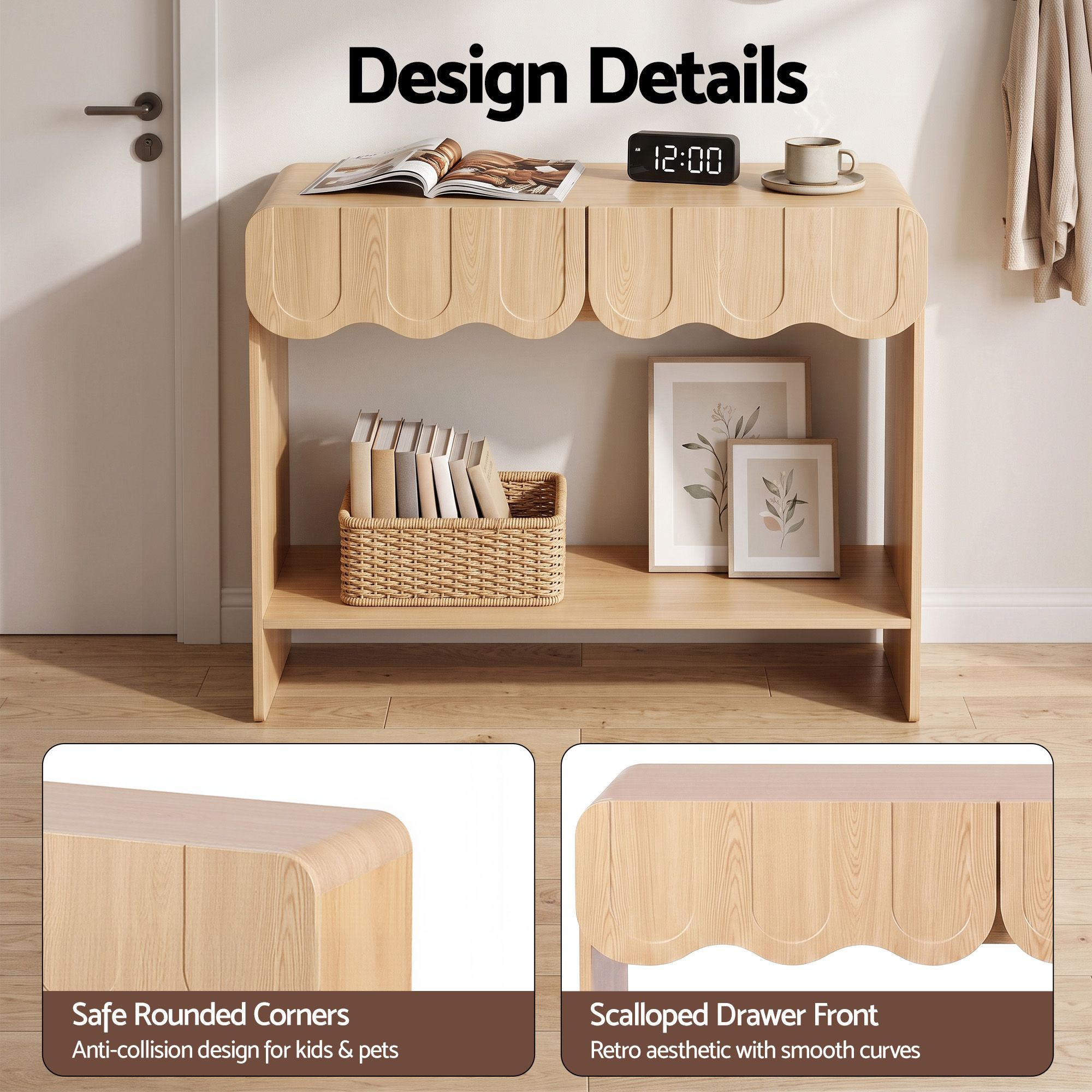 Artiss 2-Drawer Console Table, Scalloped Entryway Table with Safe Rounded Corners, 100 x 31 x 80 cm Bedworld