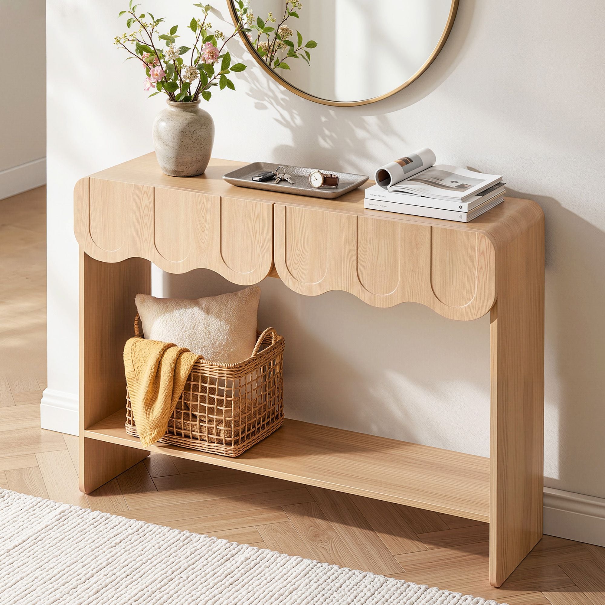 Artiss 2-Drawer Console Table, Scalloped Entryway Table with Safe Rounded Corners, 100 x 31 x 80 cm Bedworld