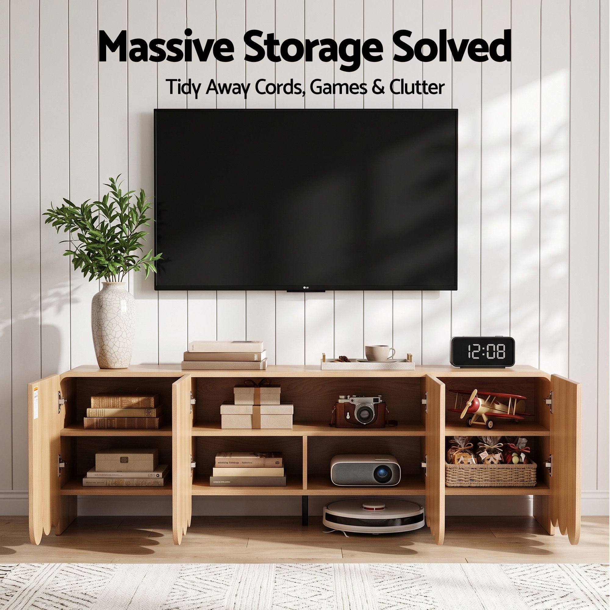 Artiss 180cm TV Unit Scalloped Entertainment Cabinet w/ Adjustable Shelves Wood Bedworld