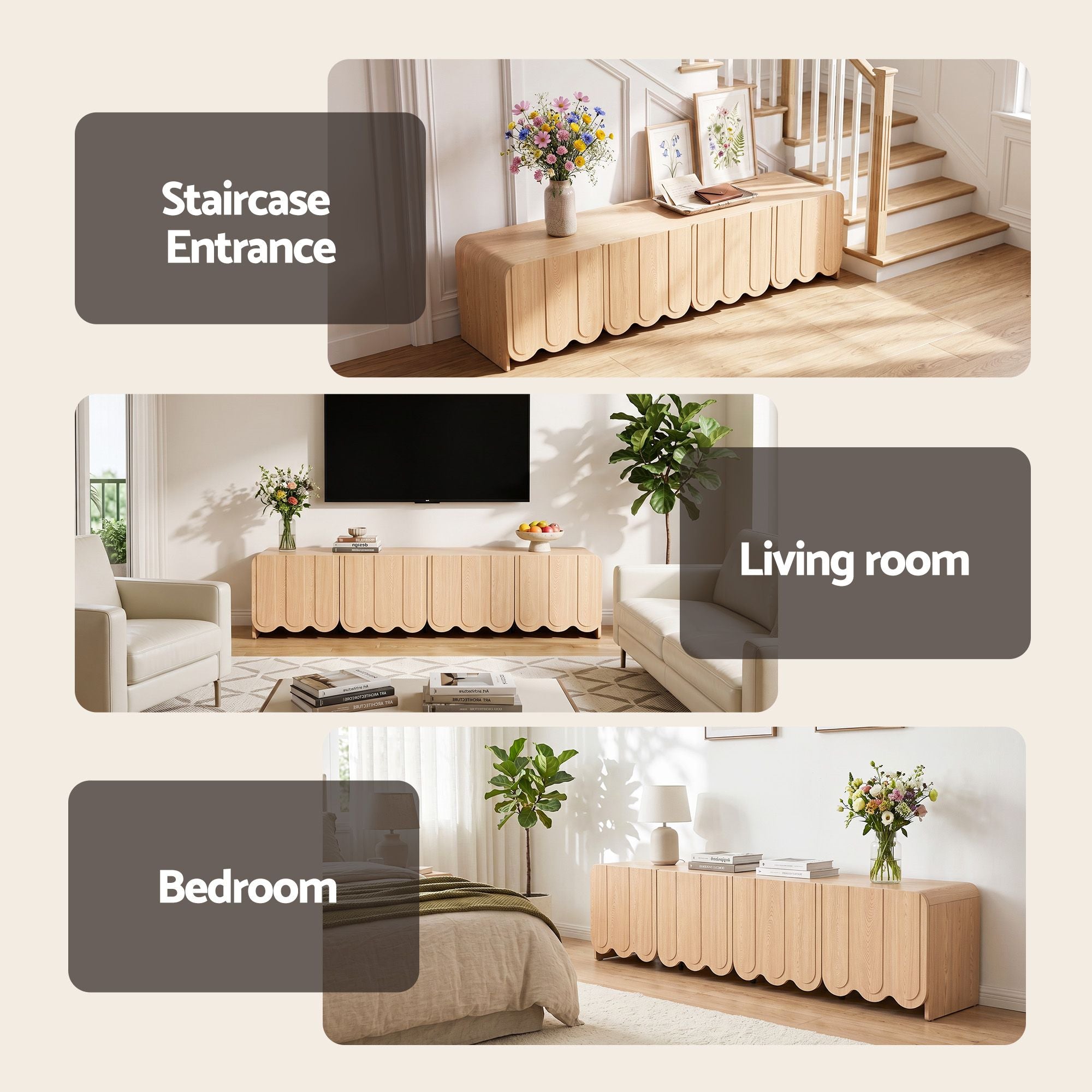 Artiss 180cm TV Unit Scalloped Entertainment Cabinet w/ Adjustable Shelves Wood Bedworld