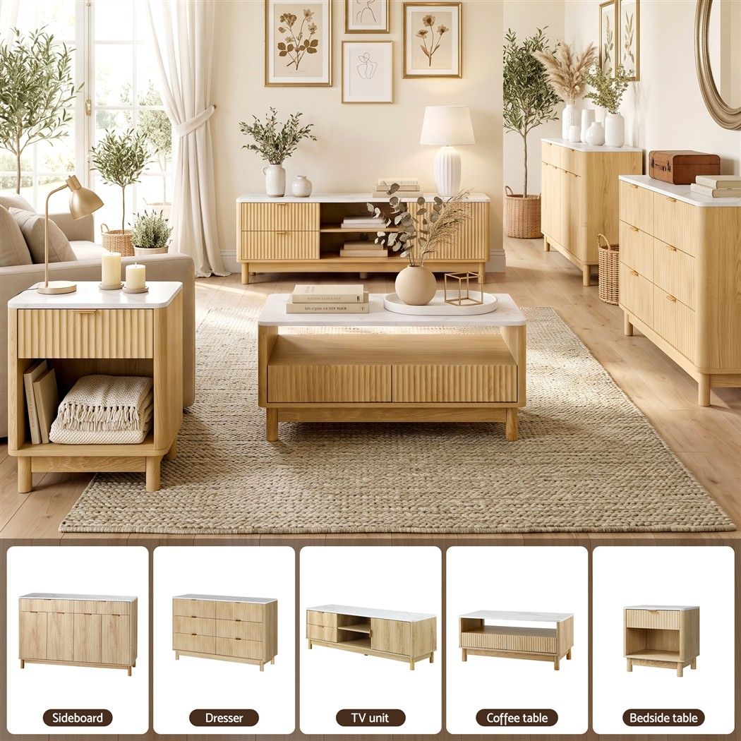Artiss Buffet Sideboard Cabinet Kitchen Storage Cupboard Marble 2 Drawers Pine Bedworld