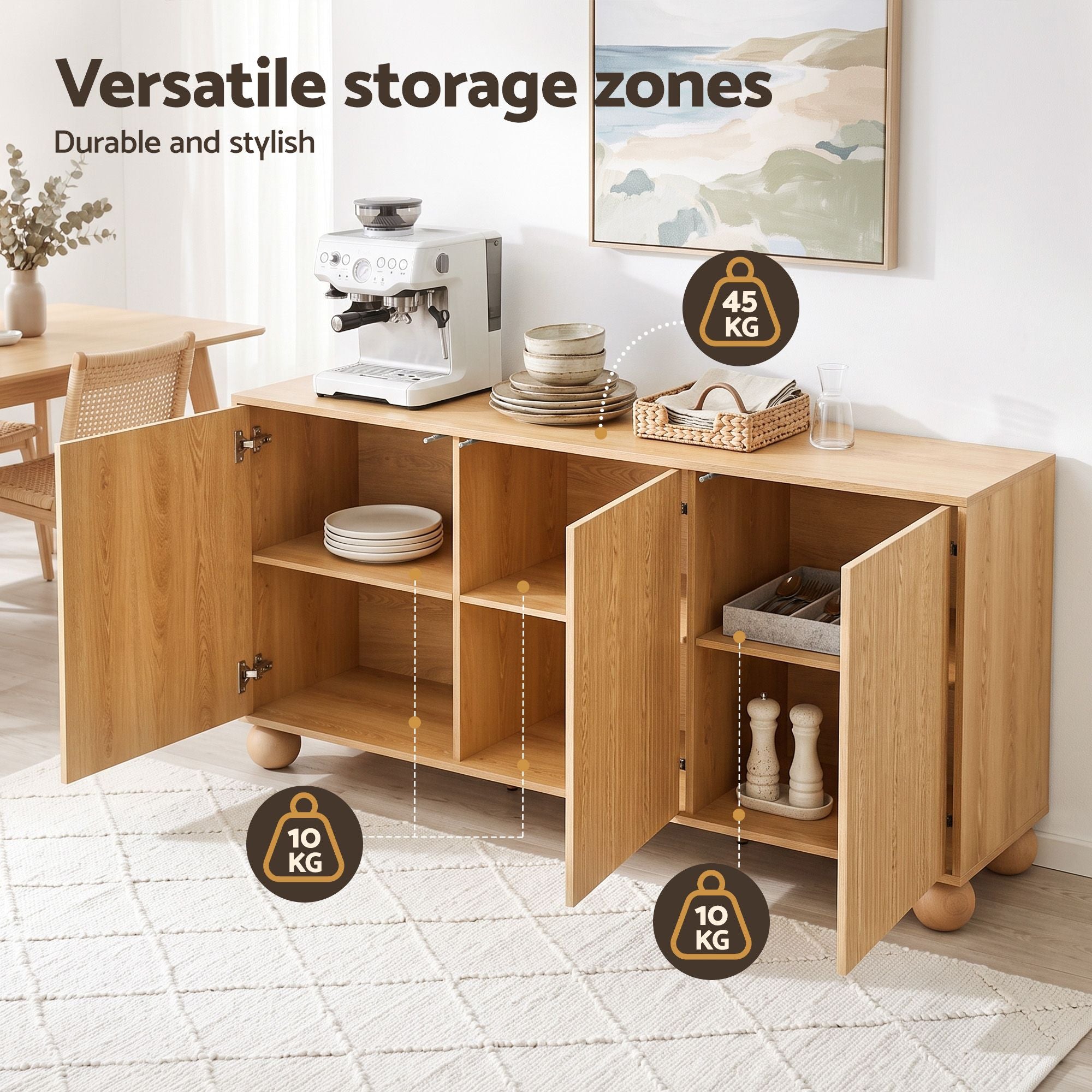 Artiss Buffet Sideboard Cabinet 2-Tier Fluted Kitchen Storage Ball Legs Pine Bedworld