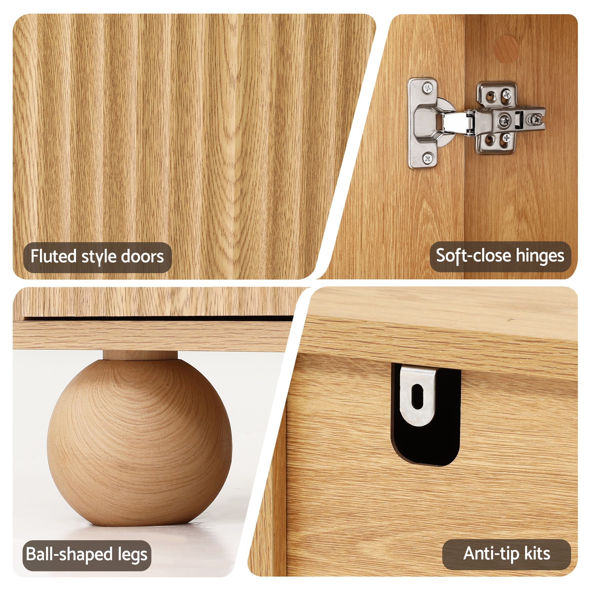 Artiss Buffet Sideboard Cabinet 2-Tier Fluted Kitchen Storage Ball Legs Pine Bedworld