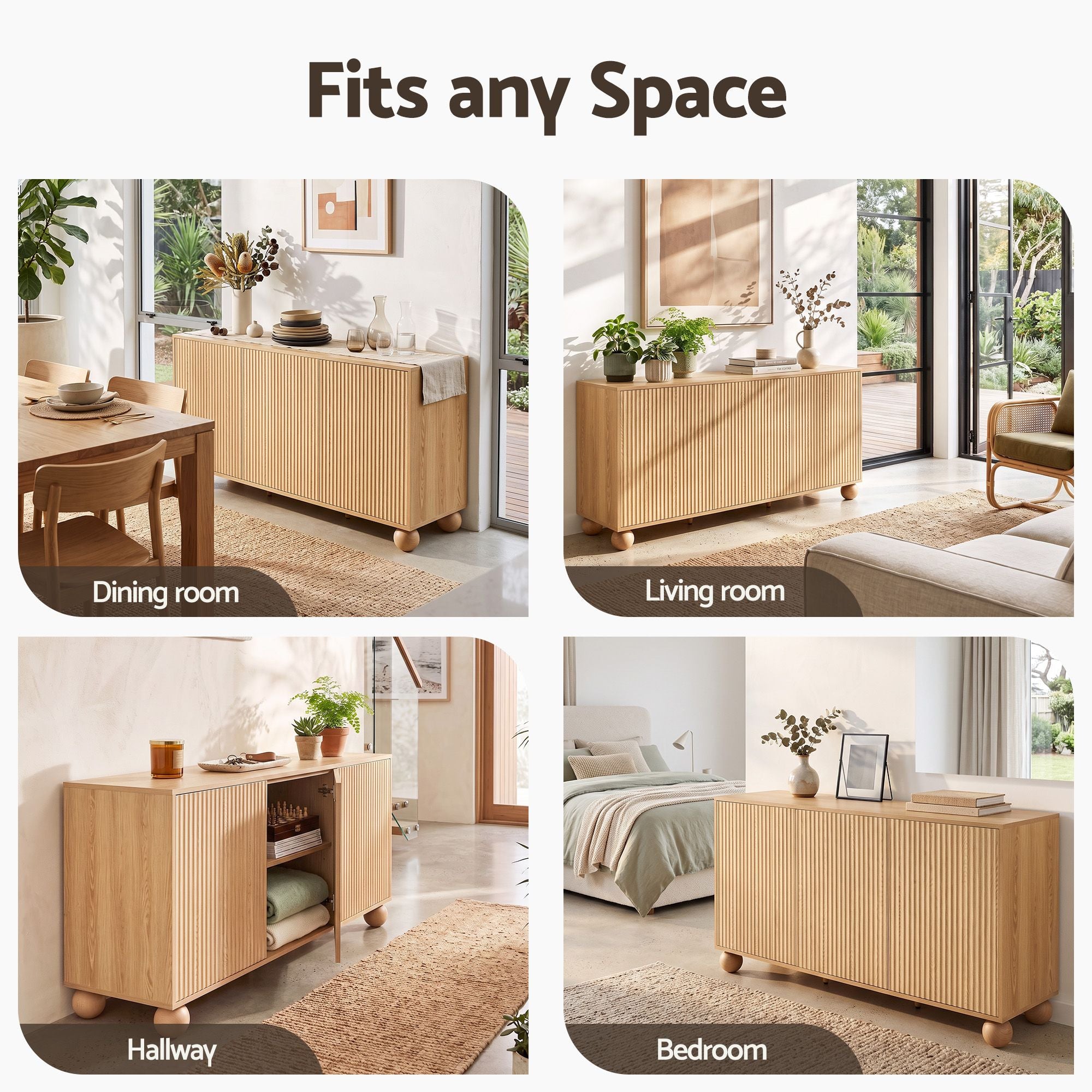 Artiss Buffet Sideboard Cabinet 2-Tier Fluted Kitchen Storage Ball Legs Pine Bedworld