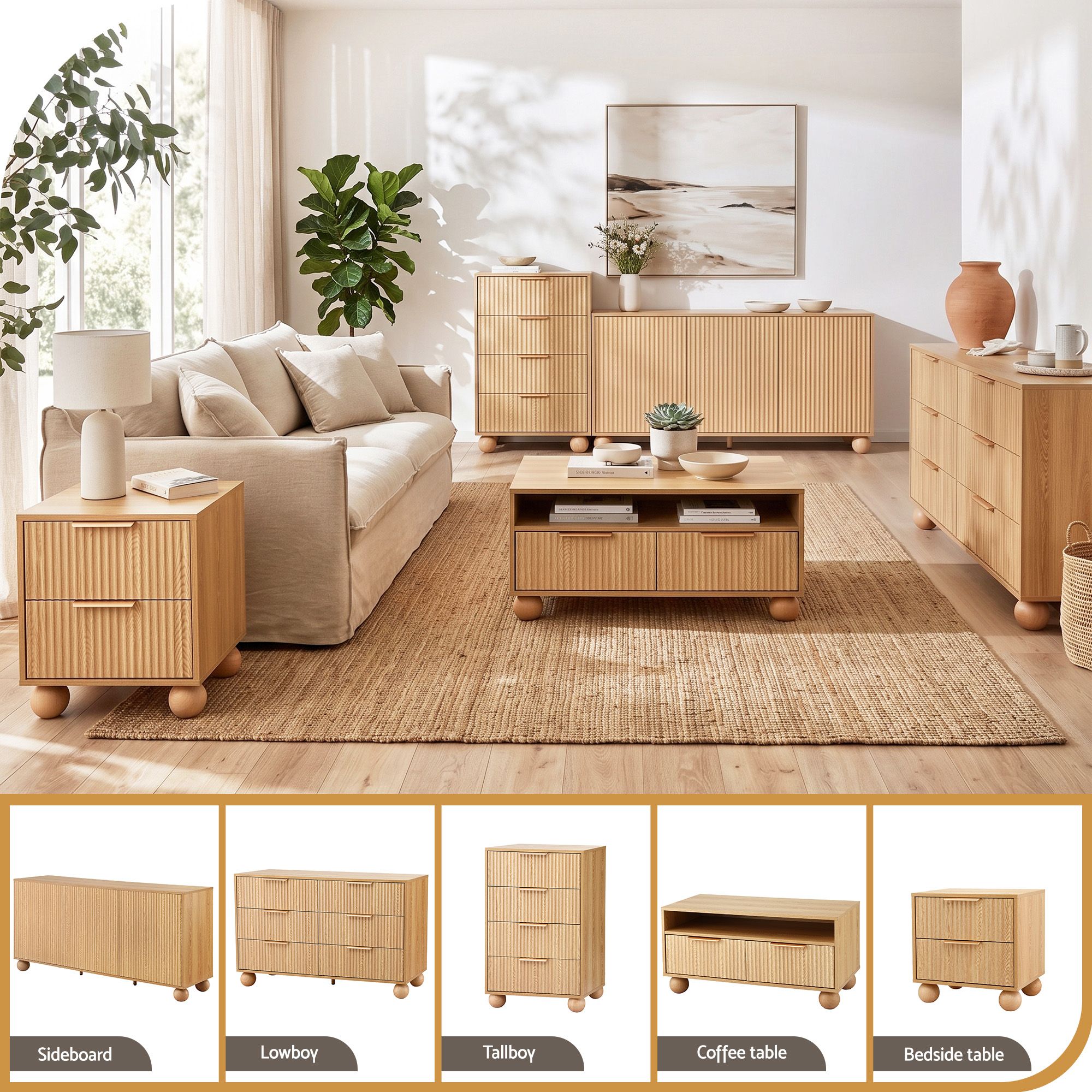 Artiss Buffet Sideboard Cabinet 2-Tier Fluted Kitchen Storage Ball Legs Pine Bedworld