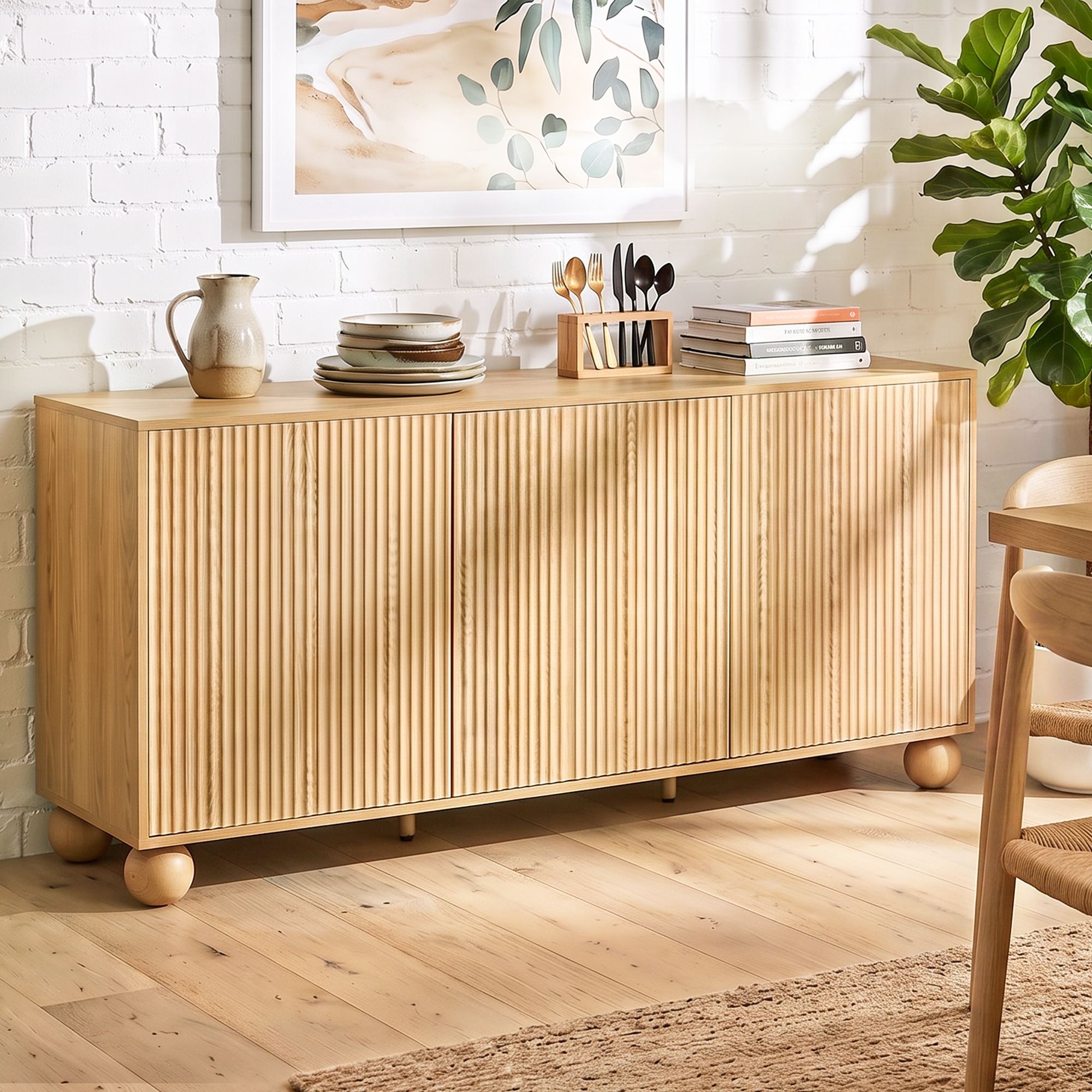 Artiss Buffet Sideboard Cabinet 2-Tier Fluted Kitchen Storage Ball Legs Pine Bedworld