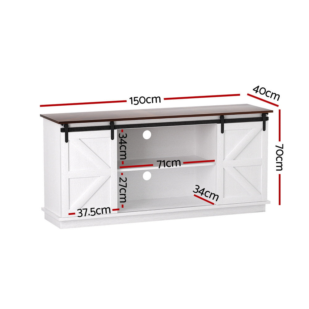 White sideboard cabinet with dimension overlay showing door and shelf layout