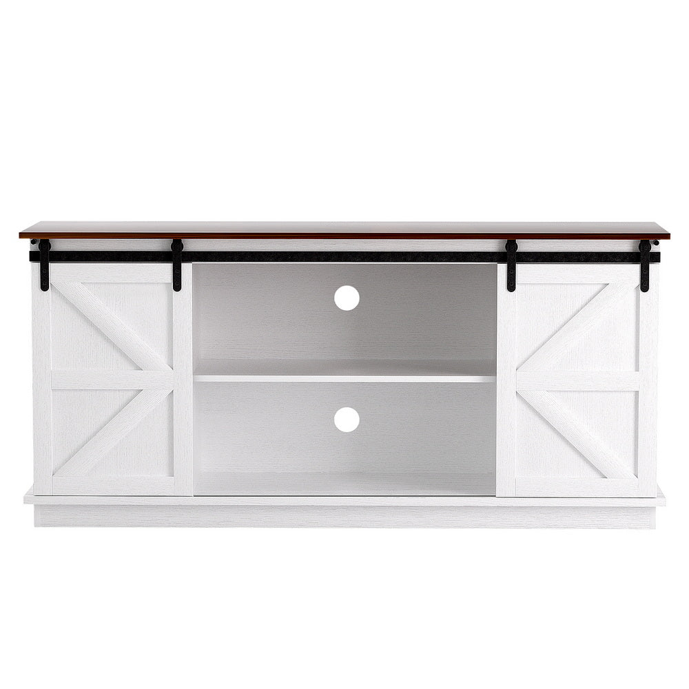 White sideboard cabinet with sliding barn doors, open center shelf, dark metal handles