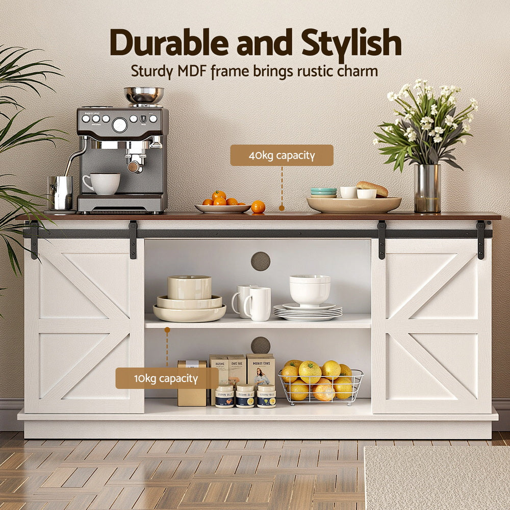 White sideboard cabinet with sliding barn doors, open shelves, and brown tabletop
