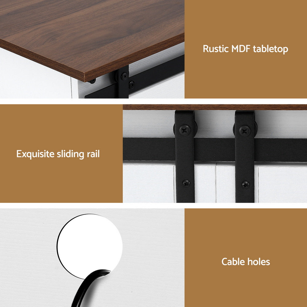 Sideboard cabinet with dark sliding rail hardware and visible cable holes
