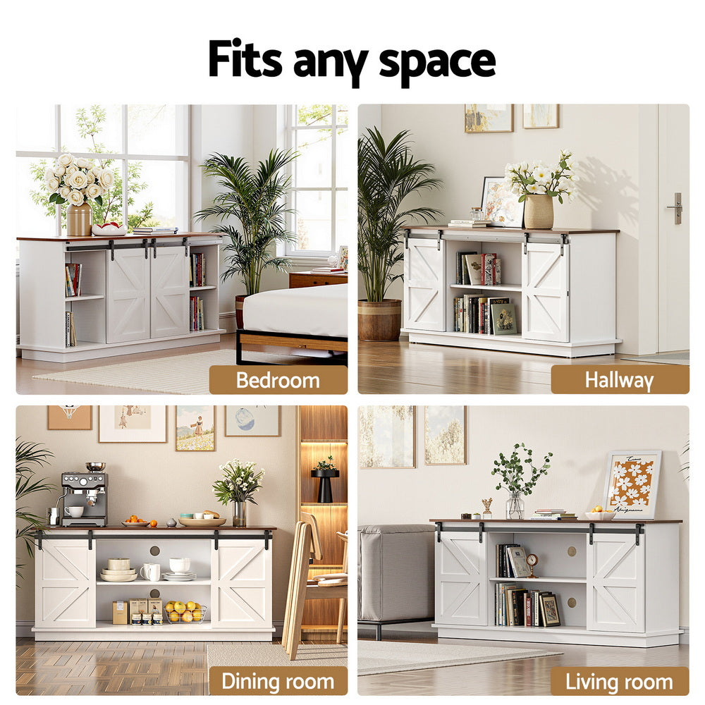 White sideboard cabinet with sliding barn doors used in living room, shelves styled