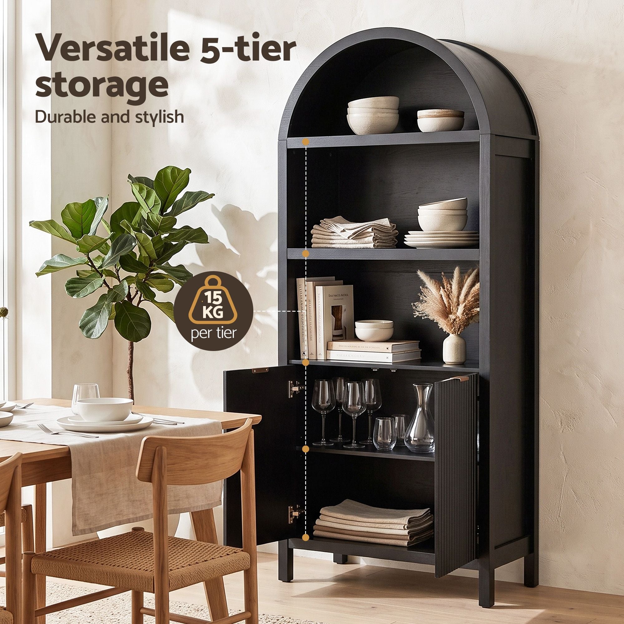 Artiss Buffet Sideboard Cabinet Pantry 180CM Arched Storage Bookshelf Black Bedworld