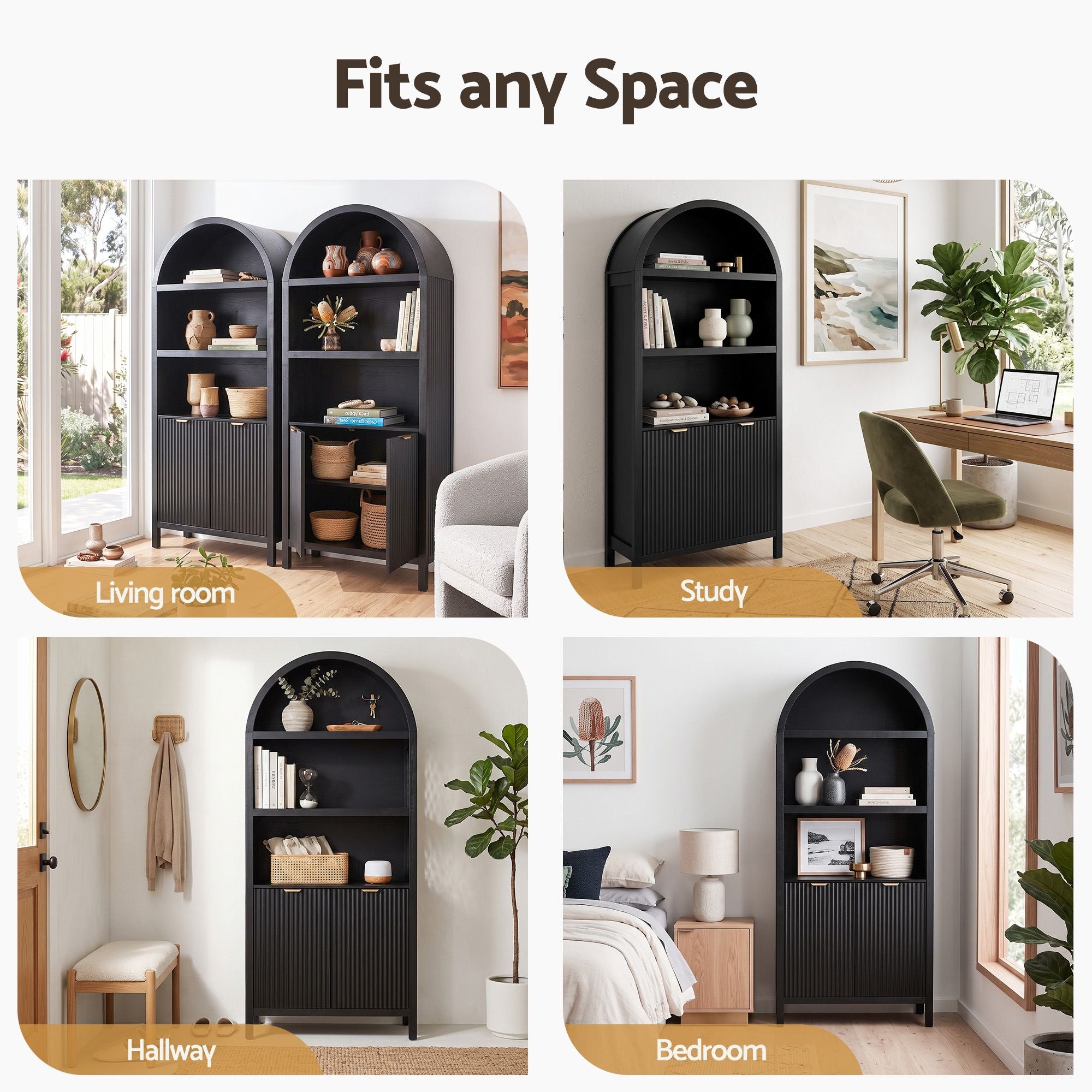 Artiss Buffet Sideboard Cabinet Pantry 180CM Arched Storage Bookshelf Black Bedworld