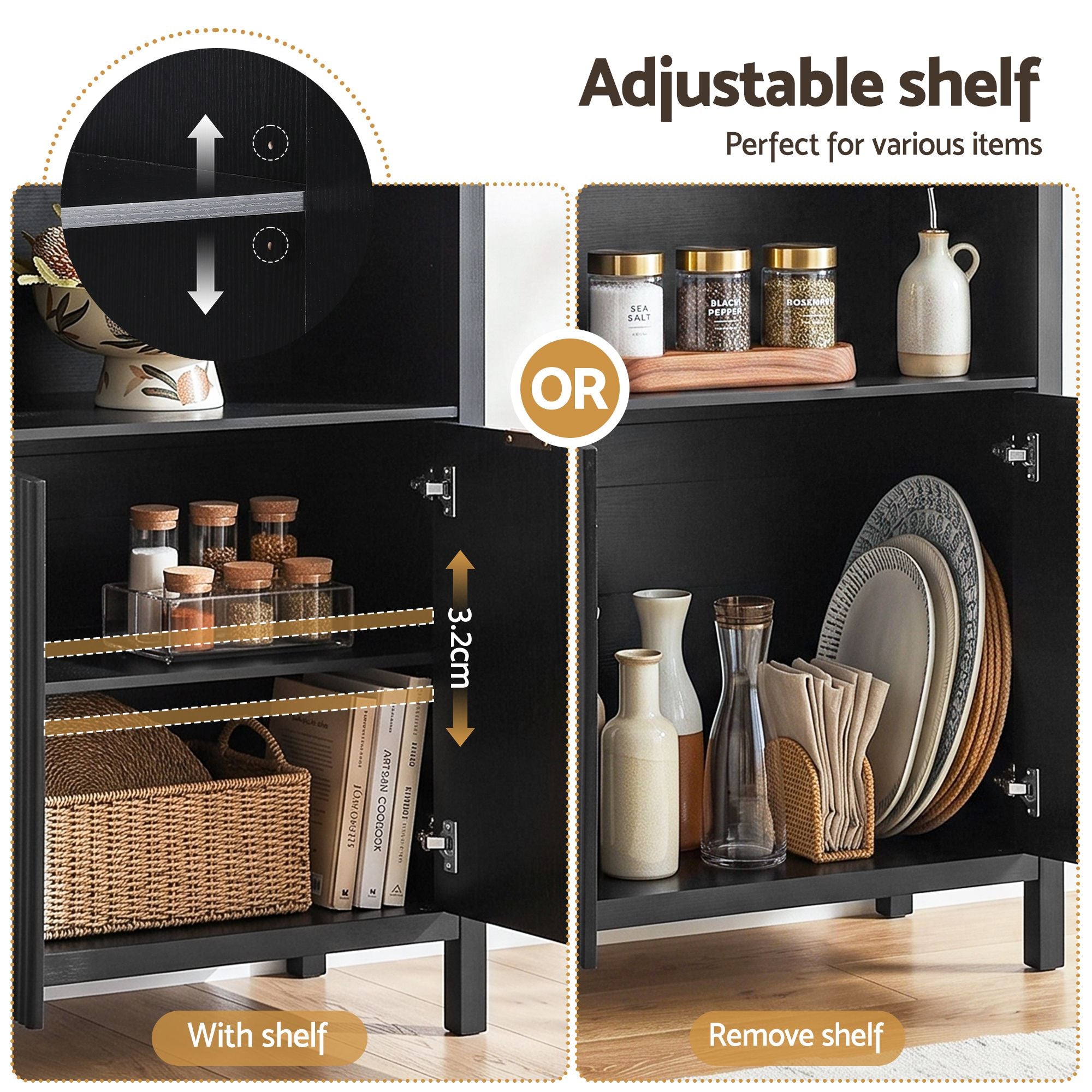 Artiss Buffet Sideboard Cabinet Pantry X2 180CM Arched Storage Bookshelf Black Bedworld