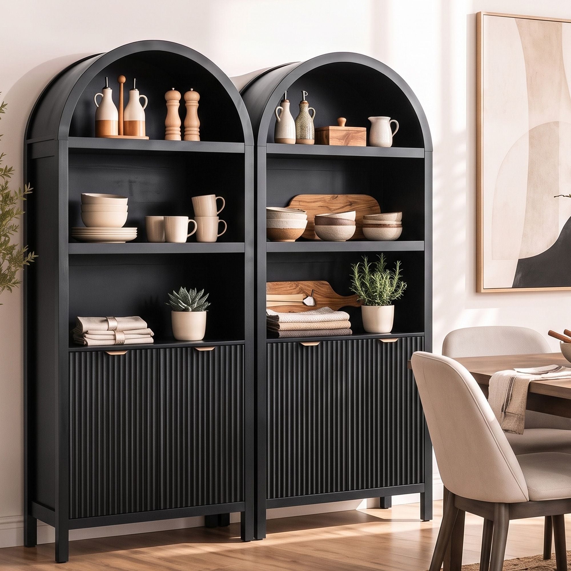 Artiss Buffet Sideboard Cabinet Pantry X2 180CM Arched Storage Bookshelf Black Bedworld