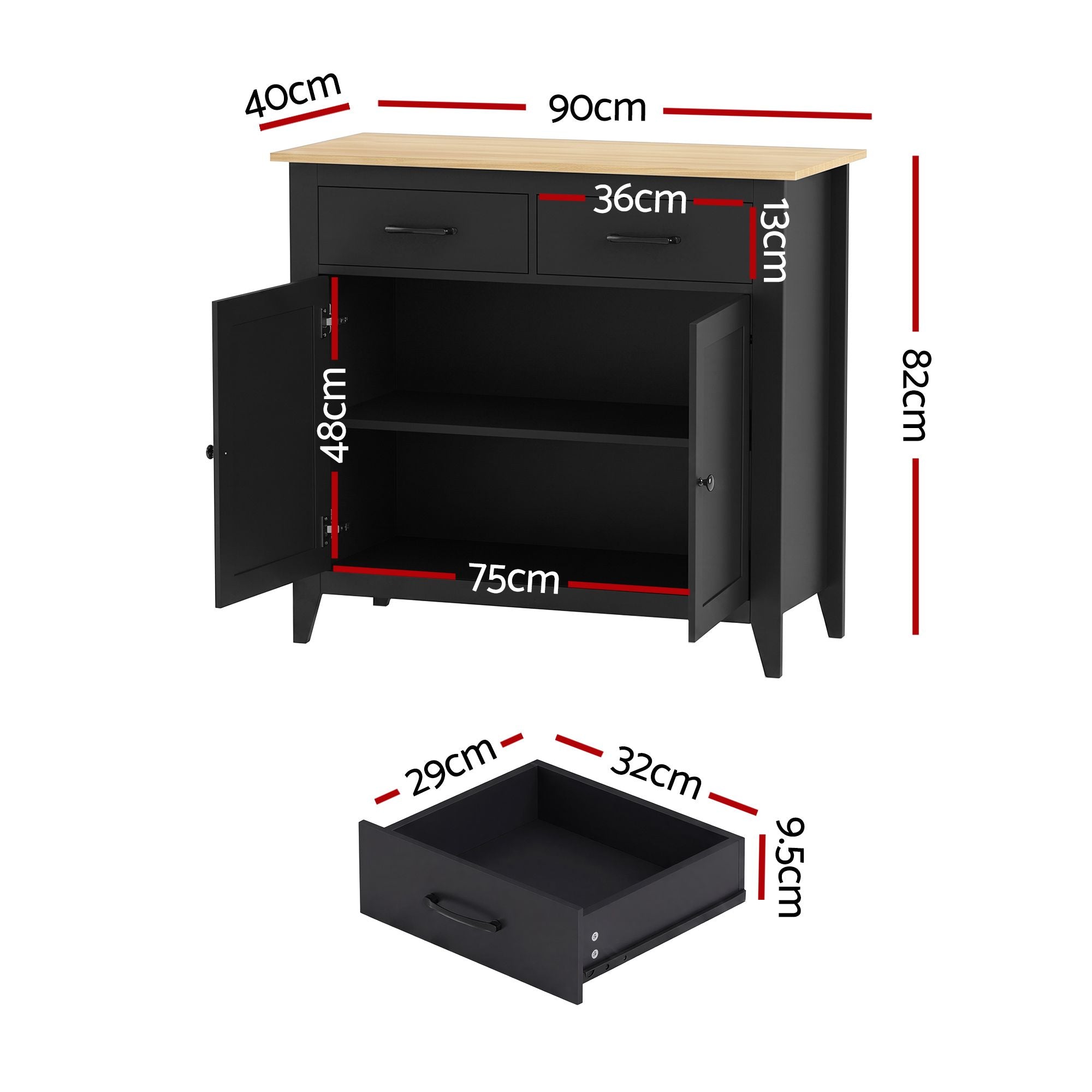 Artiss Buffet Sideboard Cabinet Kitchen Storage Cupboard Pantry 2 Drawers Black Bedworld