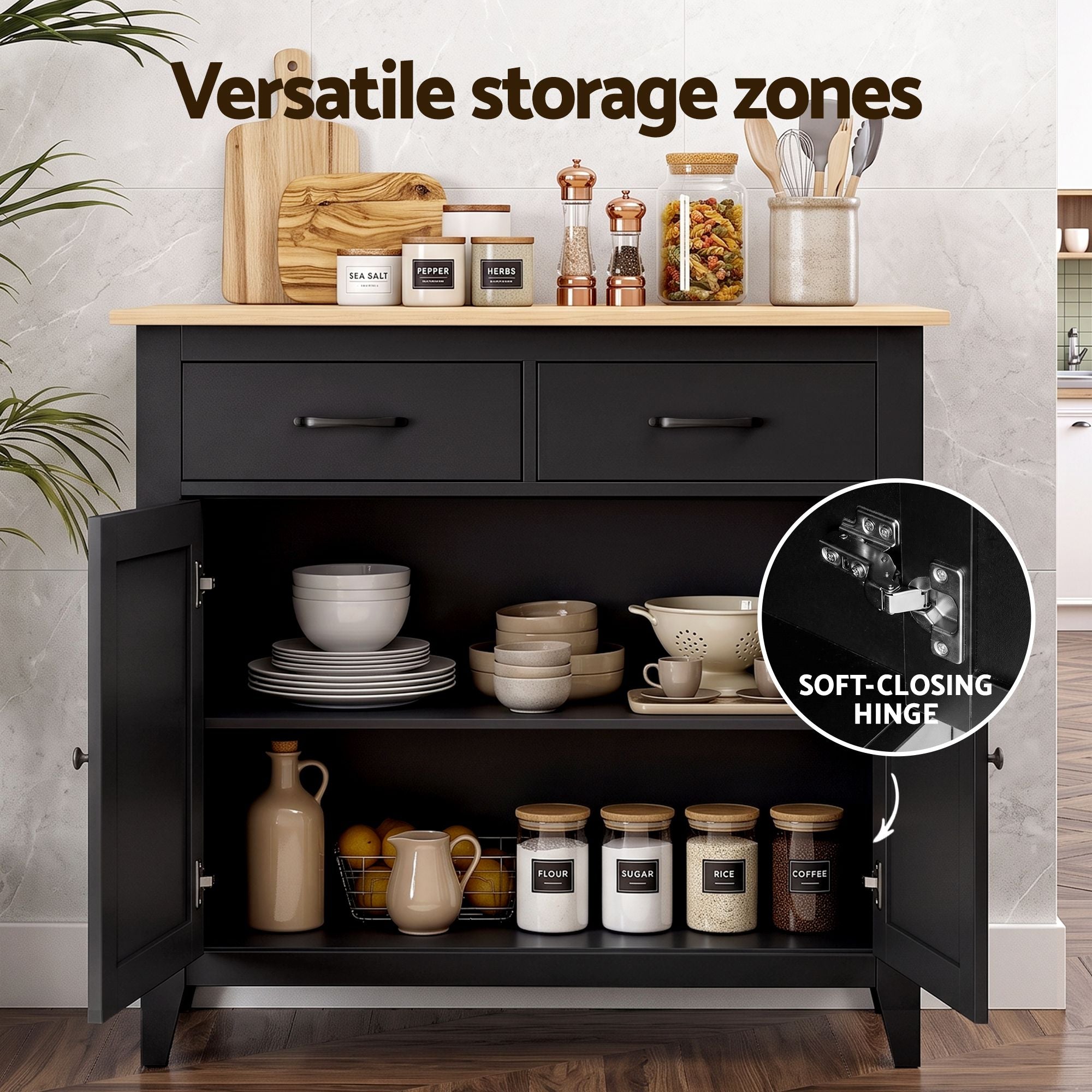Artiss Buffet Sideboard Cabinet Kitchen Storage Cupboard Pantry 2 Drawers Black Bedworld