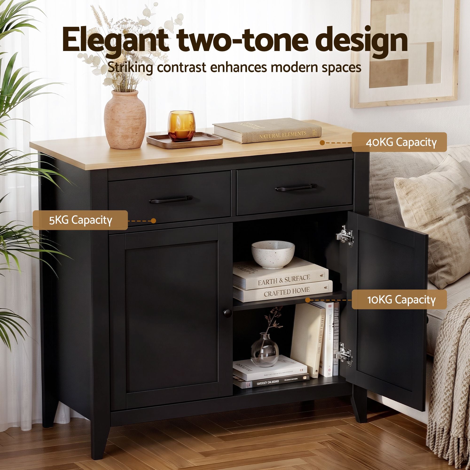 Artiss Buffet Sideboard Cabinet Kitchen Storage Cupboard Pantry 2 Drawers Black Bedworld