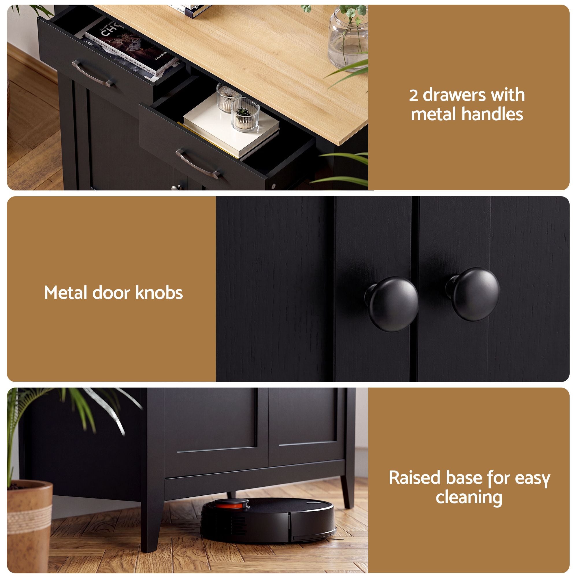 Artiss Buffet Sideboard Cabinet Kitchen Storage Cupboard Pantry 2 Drawers Black Bedworld