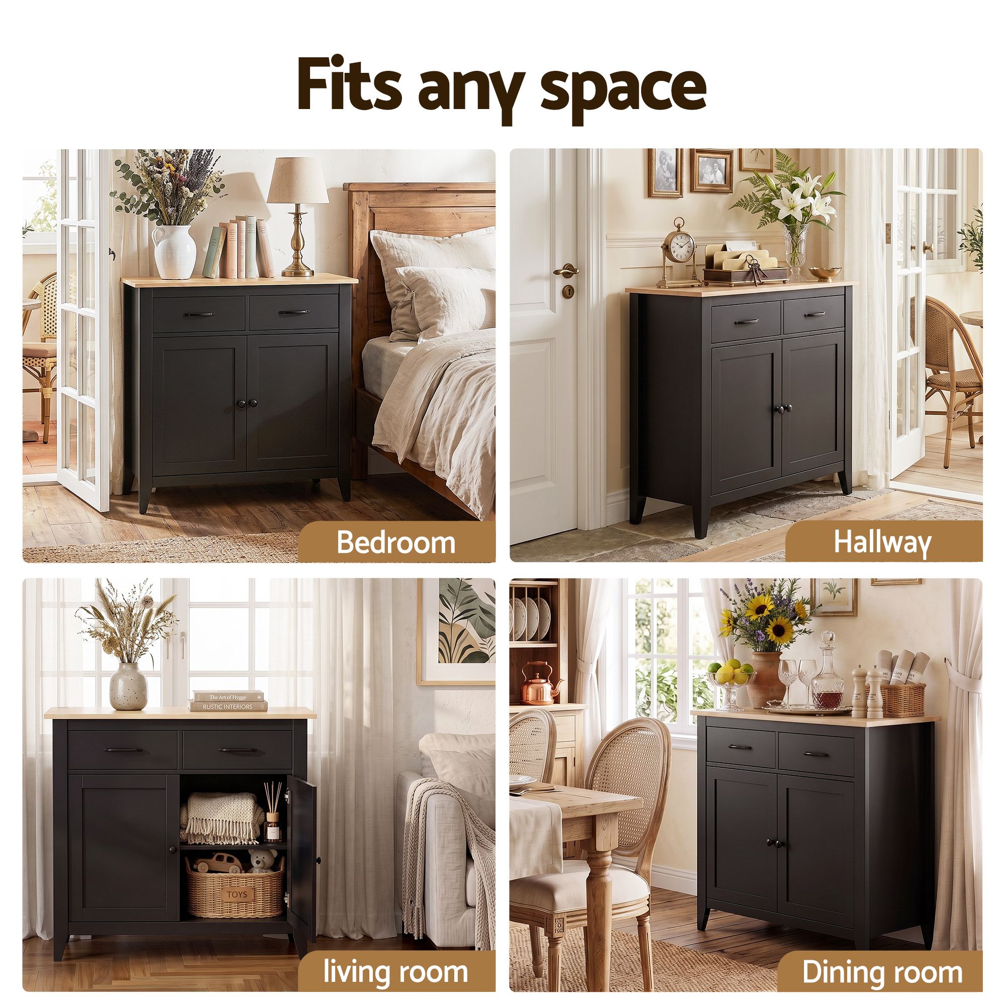 Artiss Buffet Sideboard Cabinet Kitchen Storage Cupboard Pantry 2 Drawers Black Bedworld