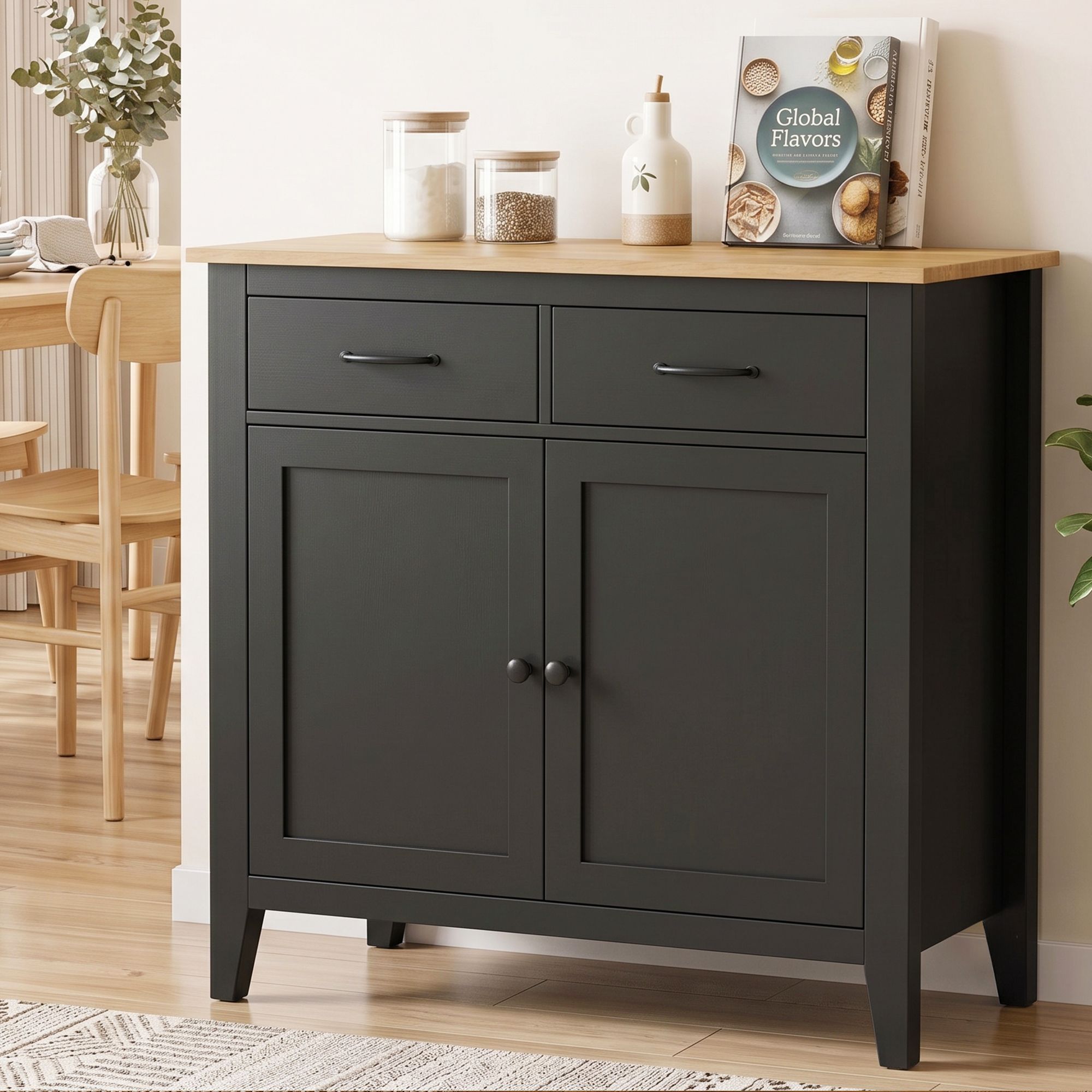 Artiss Buffet Sideboard Cabinet Kitchen Storage Cupboard Pantry 2 Drawers Black Bedworld
