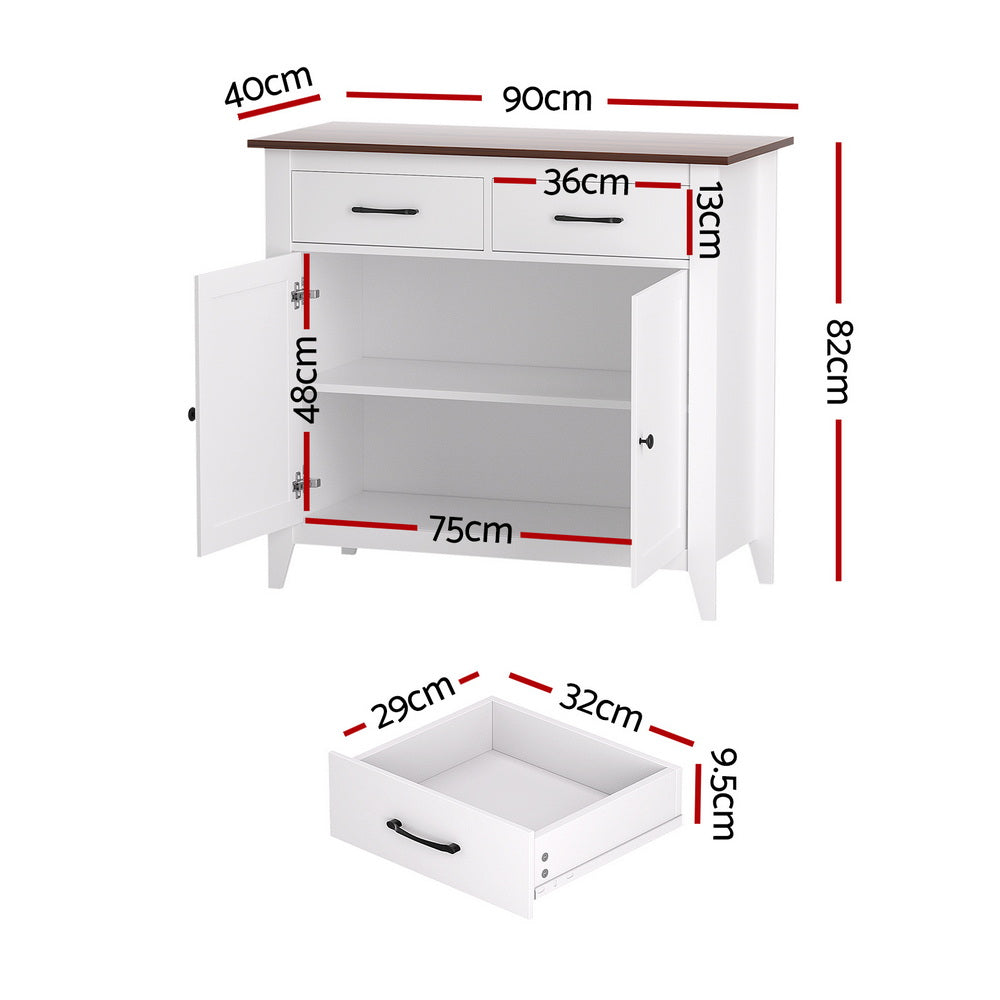 White buffet sideboard with open top drawer and closed doors, size diagram