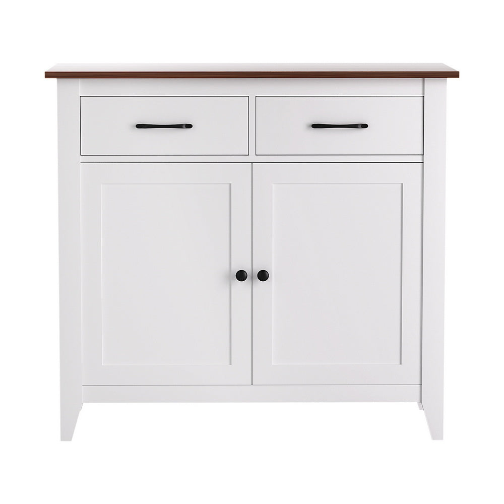 White buffet sideboard cabinet with two drawers and two panel doors, dark handles