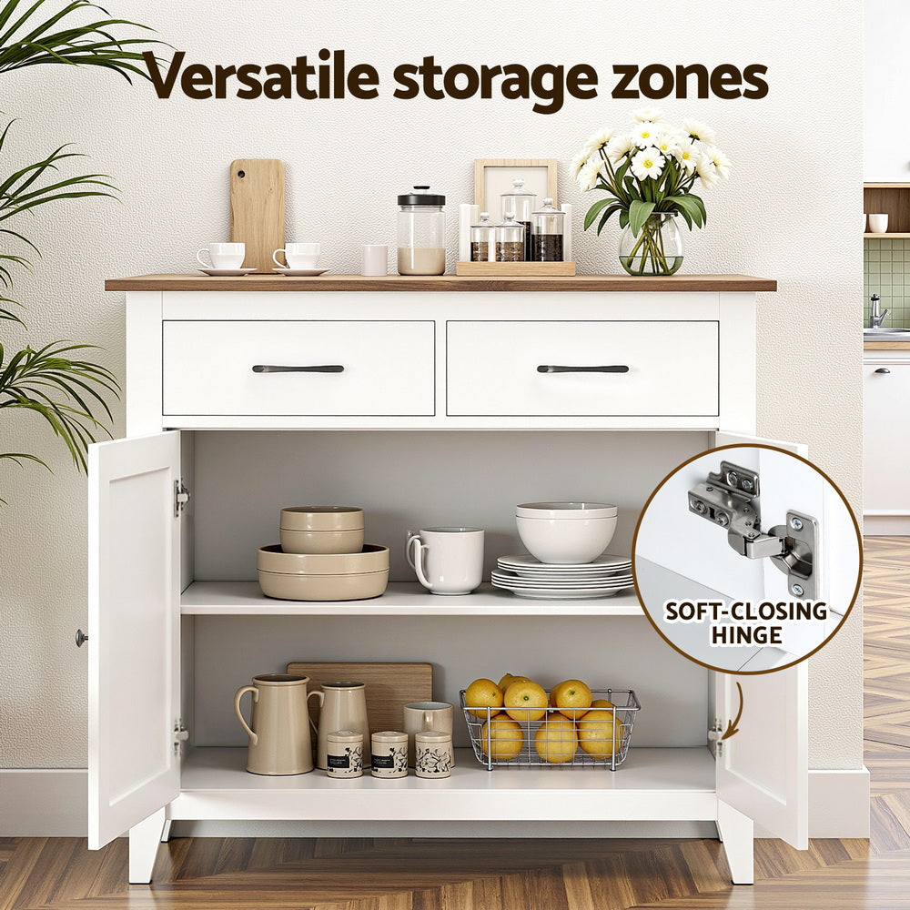 White sideboard cabinet with open compartments, shelves, and soft-close hinge design