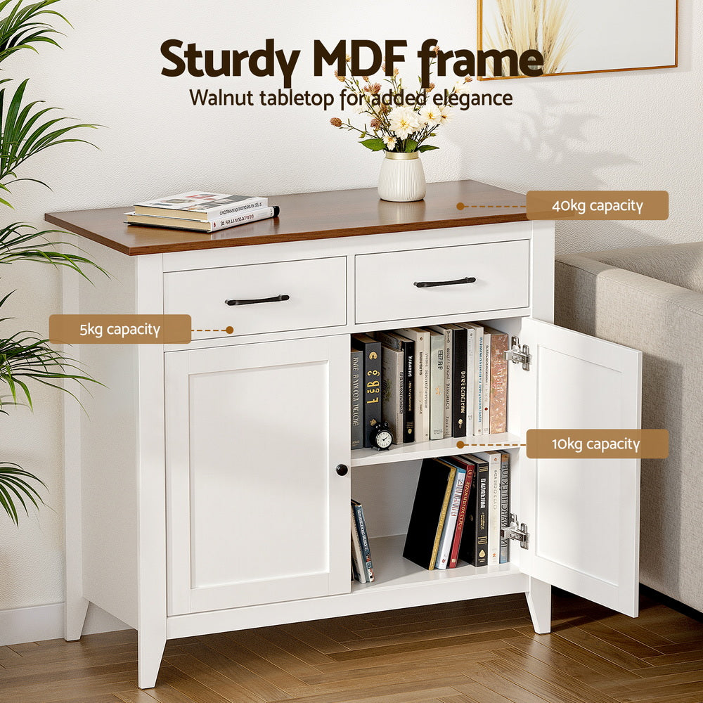 White sideboard cabinet with dark top, open shelving, sturdy MDF frame