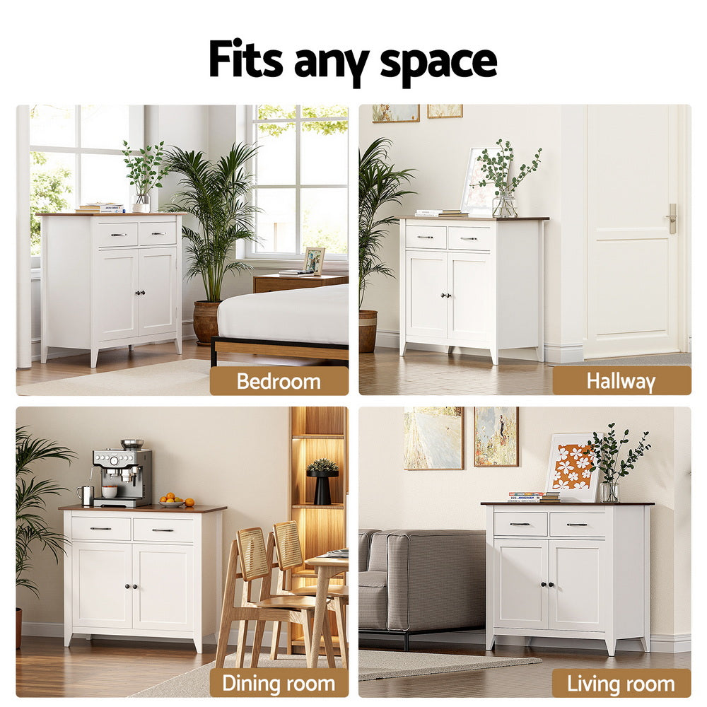 White sideboard cabinet for storage in bedroom, hallway, dining room, or living room