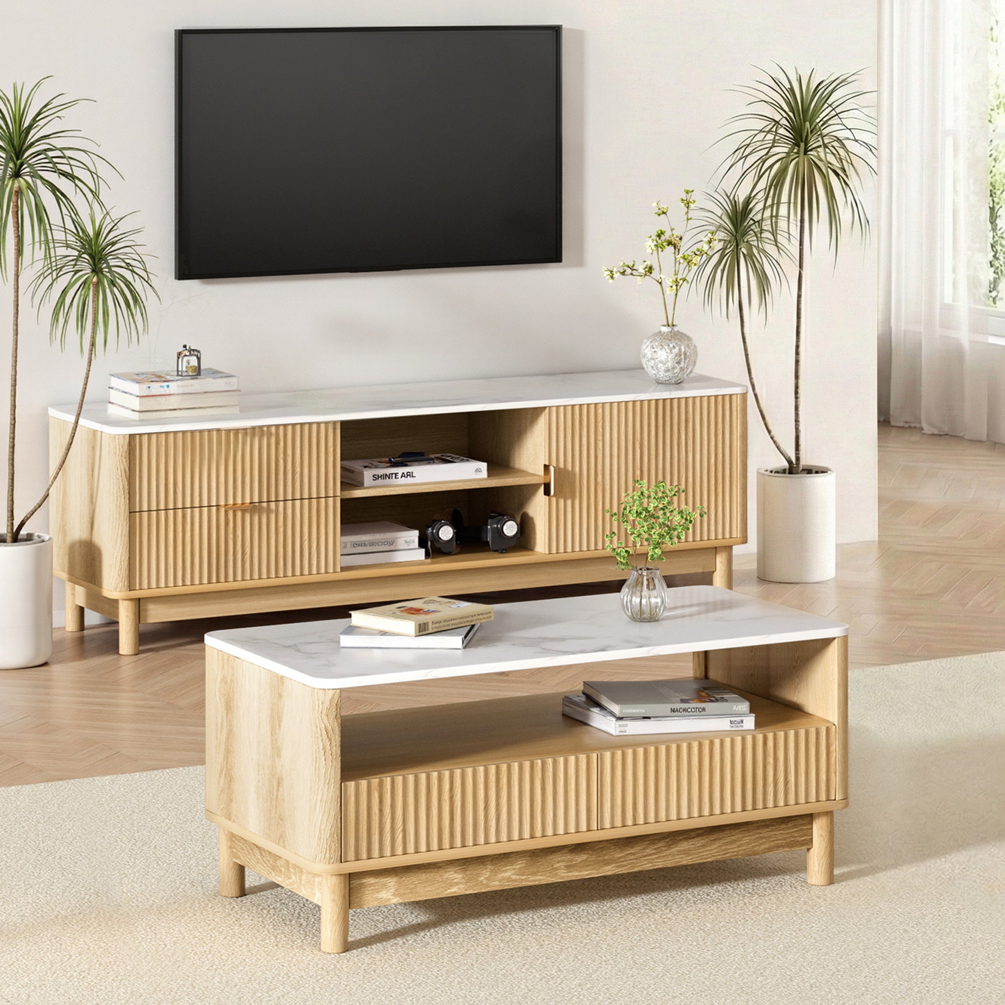 Artiss TV Unit & Coffee Table Set Storage Drawers Pine Bedworld