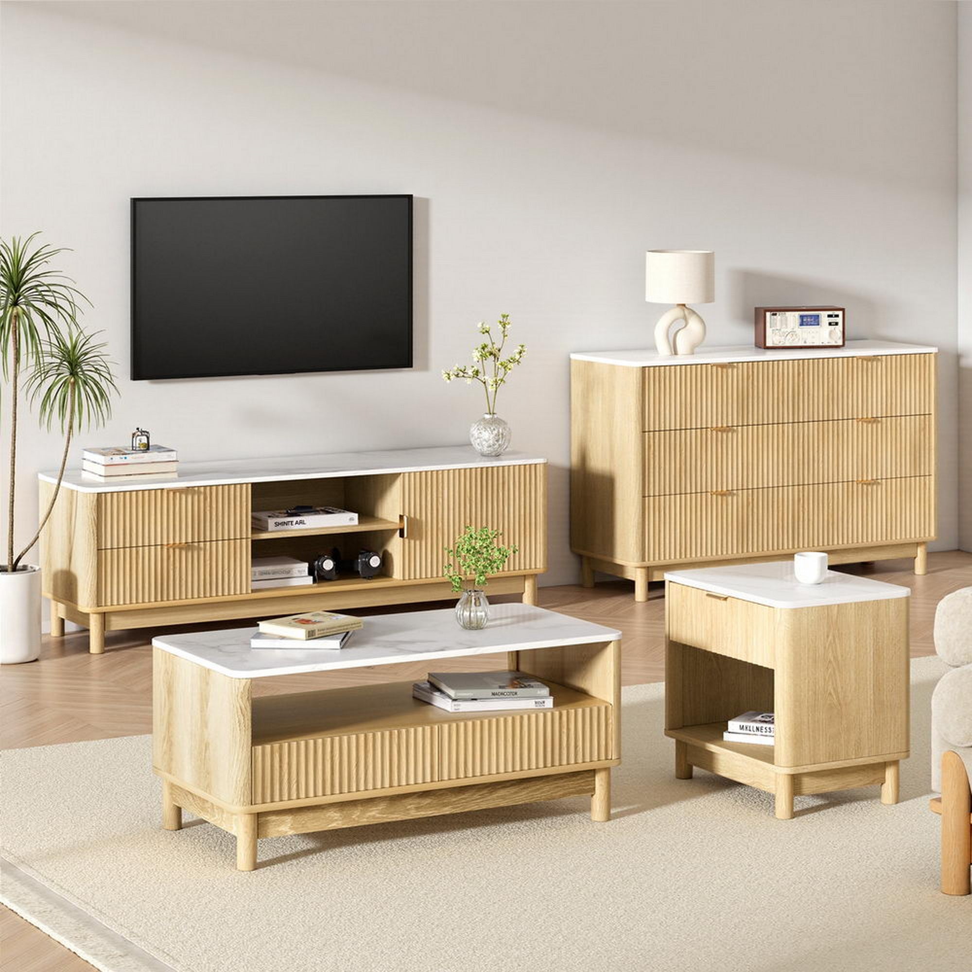 Artiss TV Unit & Coffee Table Set Storage Drawers Pine Bedworld