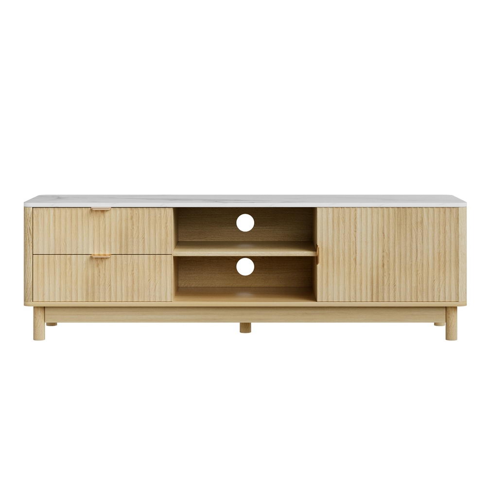 Pine TV entertainment unit with center open shelf and two side drawers