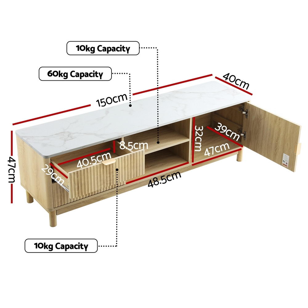 TV unit size diagram showing width, height, and depth measurements