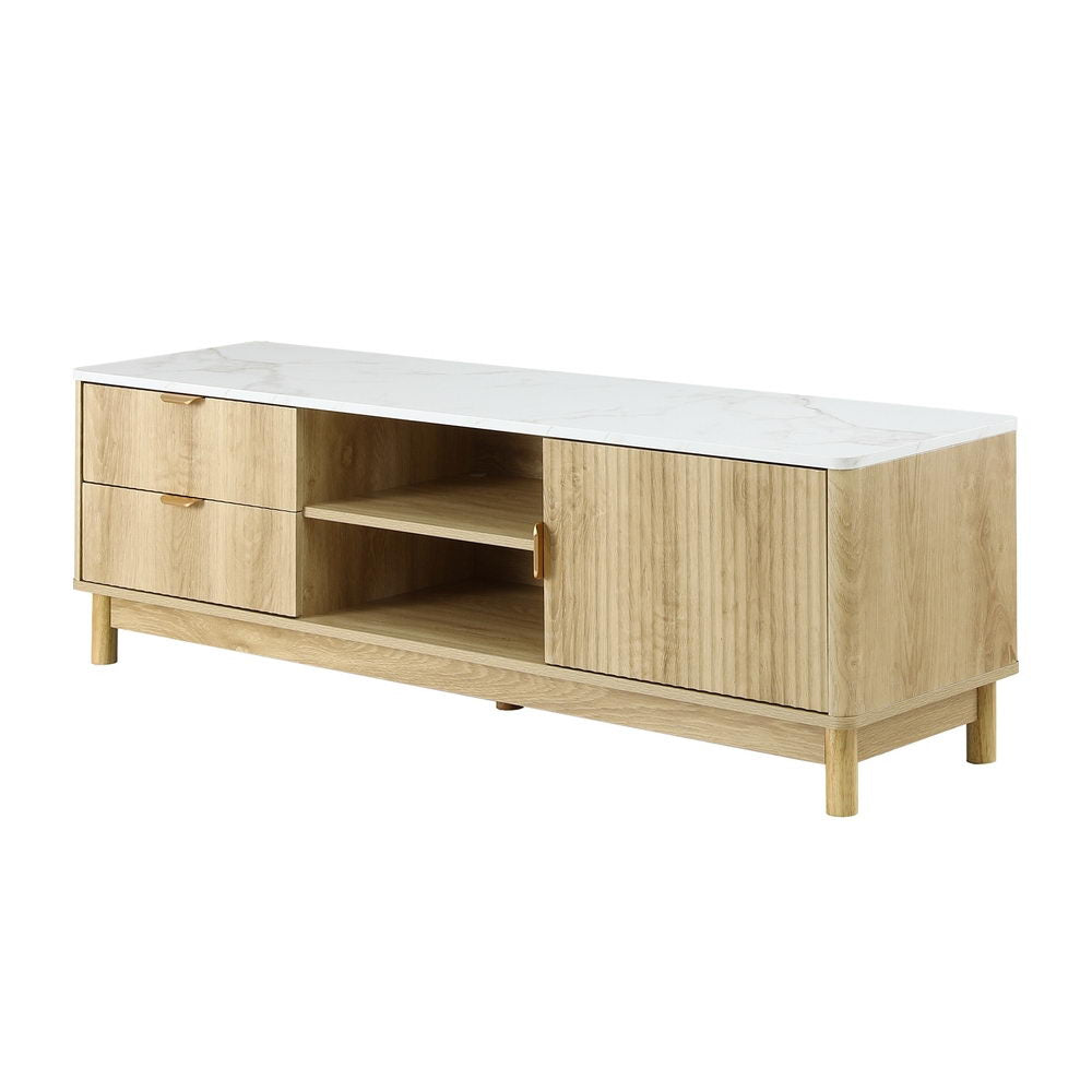 Pine TV entertainment unit with marble-effect top, open shelf, and cabinet