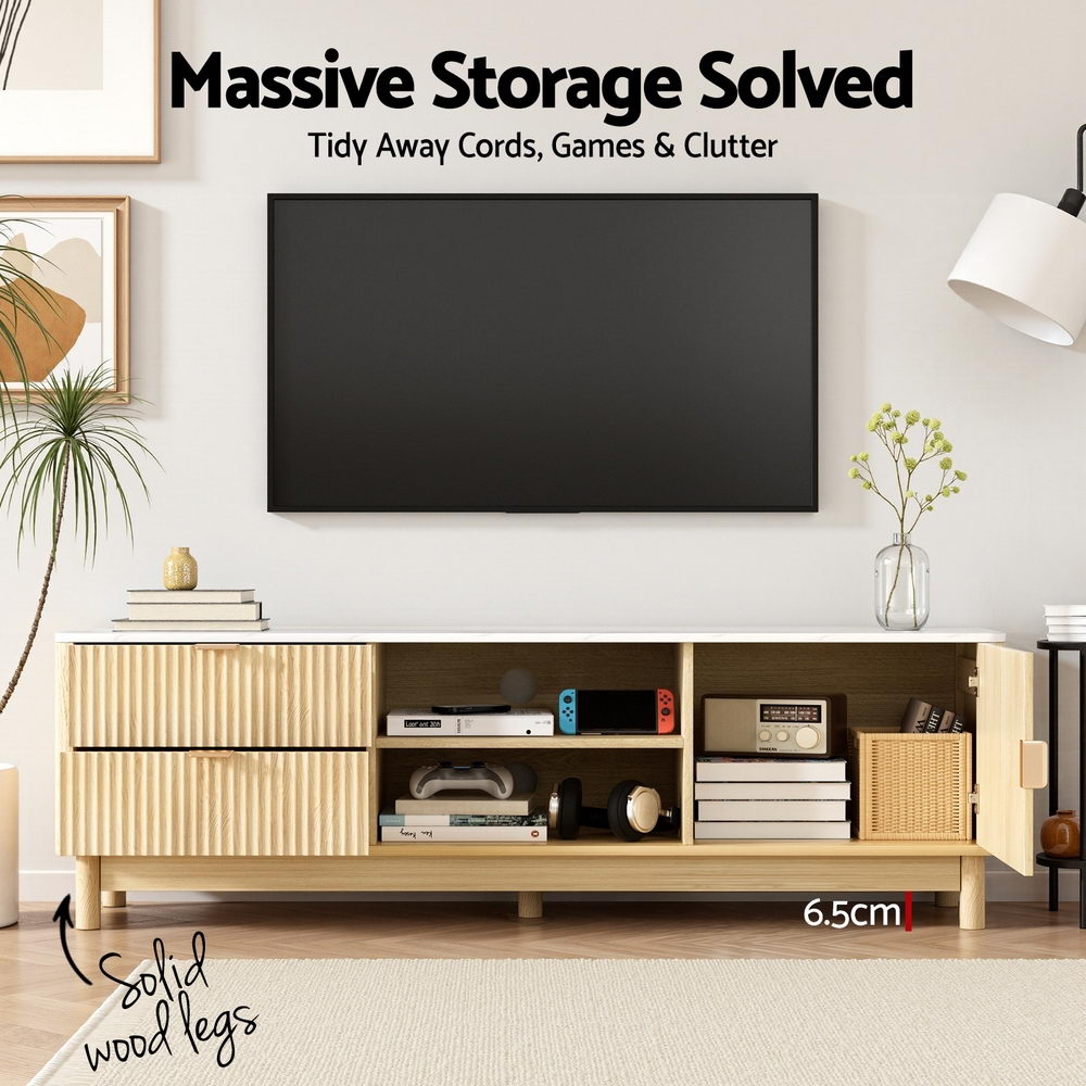 Pine TV entertainment unit with open shelves, storage cabinets, and wood legs