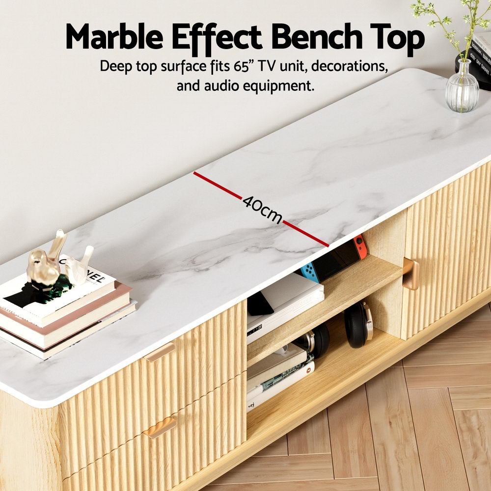 TV entertainment unit with marble-effect bench top and open storage shelf
