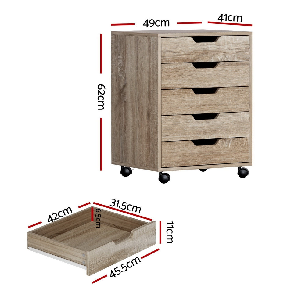 Rolling filing cabinet with five drawers, beige wood-look finish, black pull handles, four casters