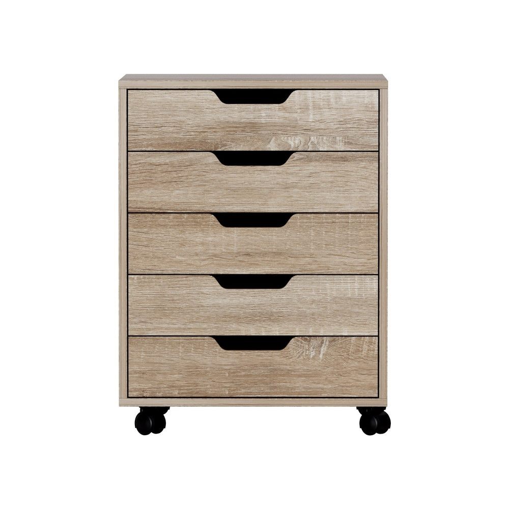 Rolling filing cabinet with five drawers and black pull handles, beige wood-look finish, casters