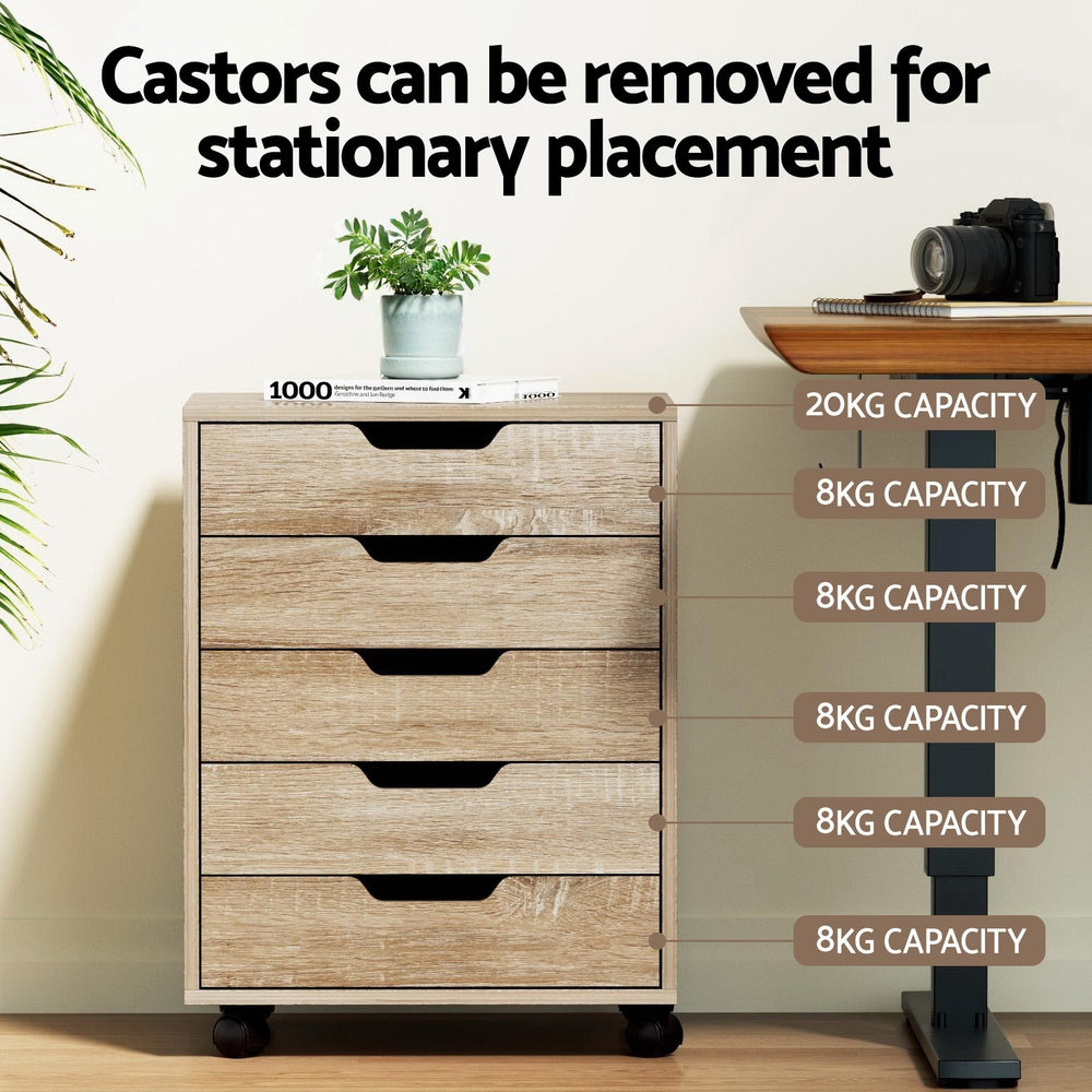 Rolling filing cabinet with five drawers, beige wood-look finish, black pull handles, casters