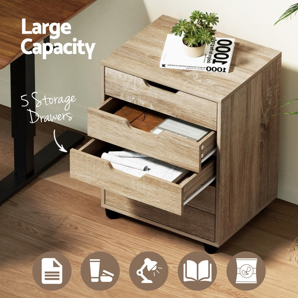 Rolling filing cabinet with five drawers, beige wood-look finish; drawers partially open, black pulls