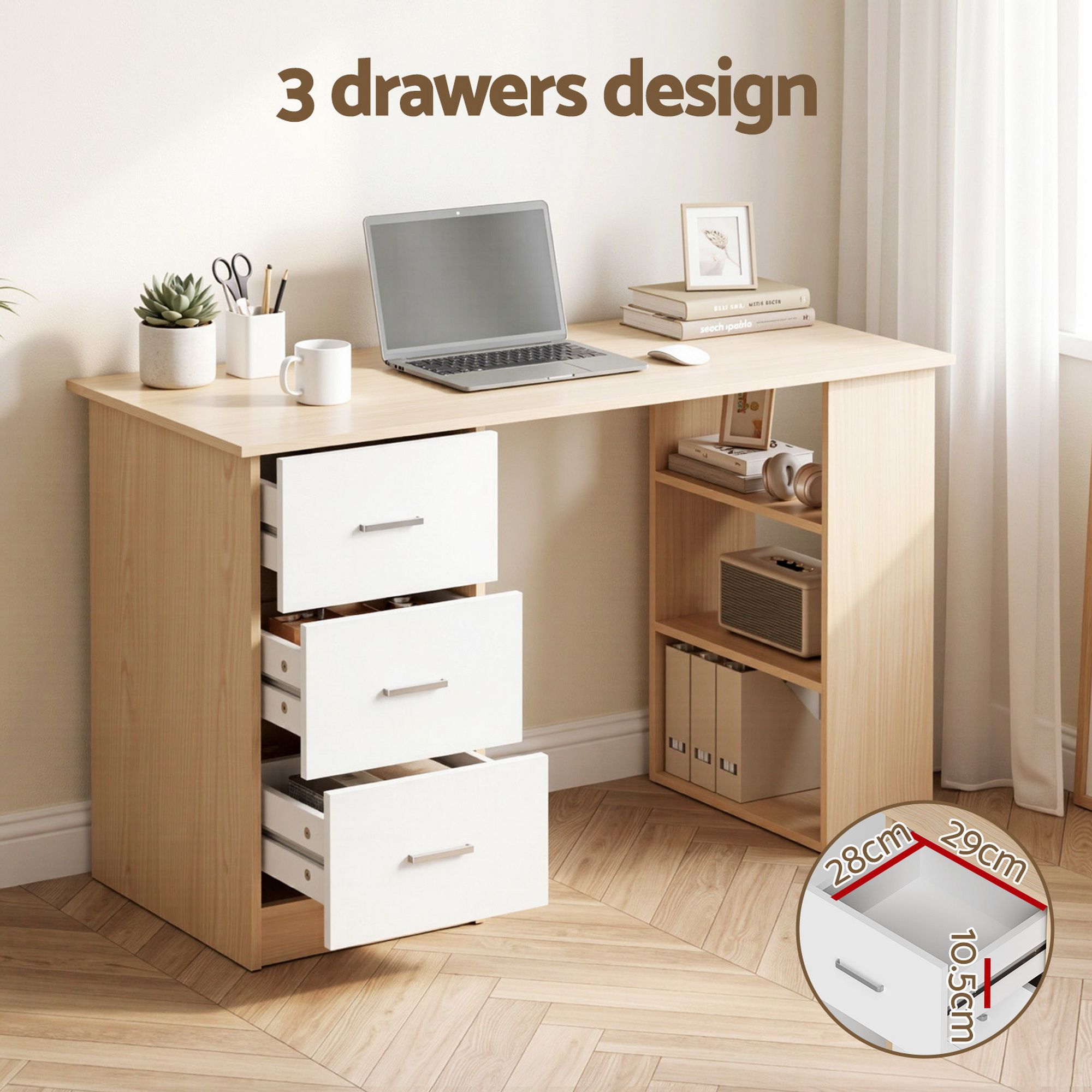 Artiss Computer Desk Drawer Shelf Oak White 120CM Bedworld