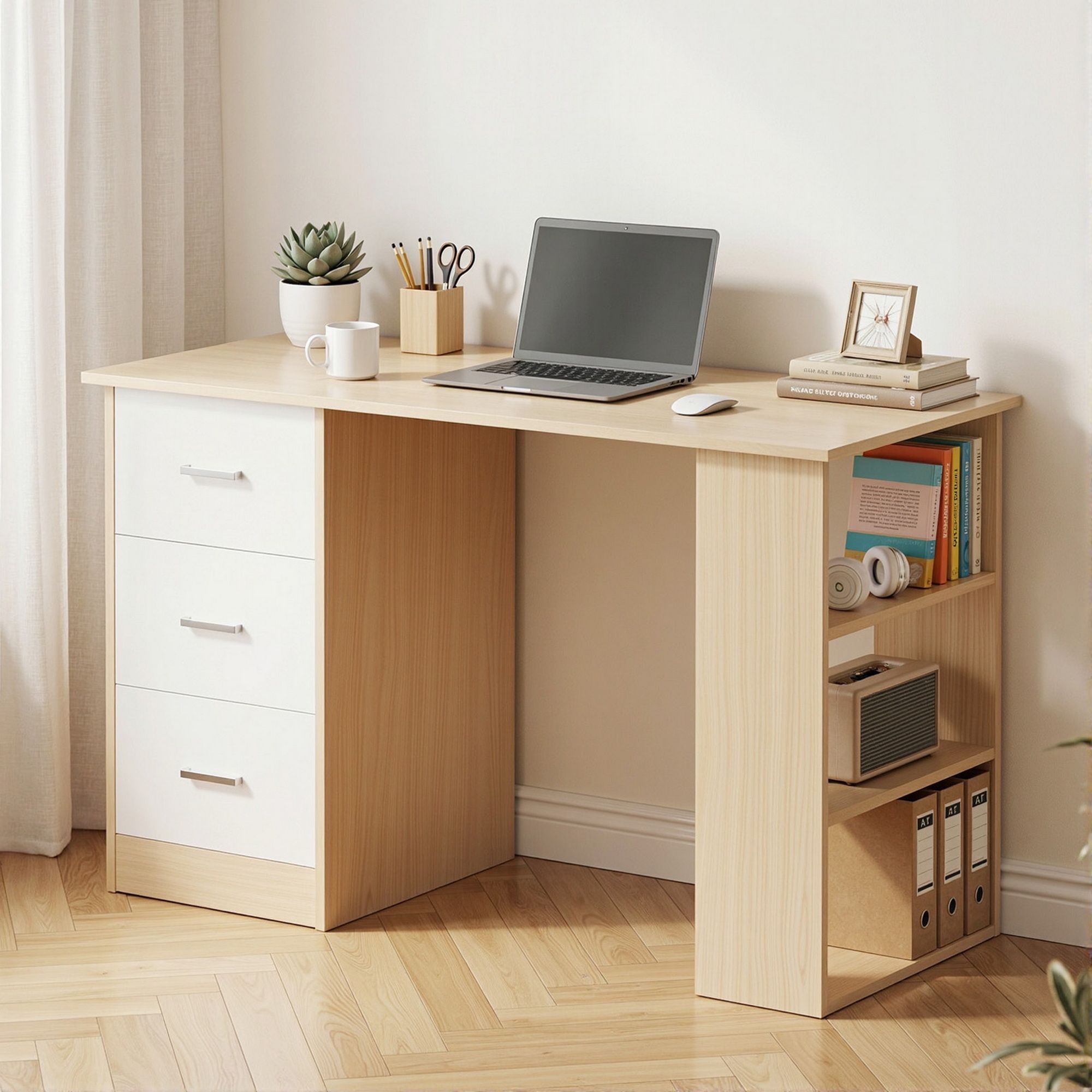 Artiss Computer Desk Drawer Shelf Oak White 120CM Bedworld