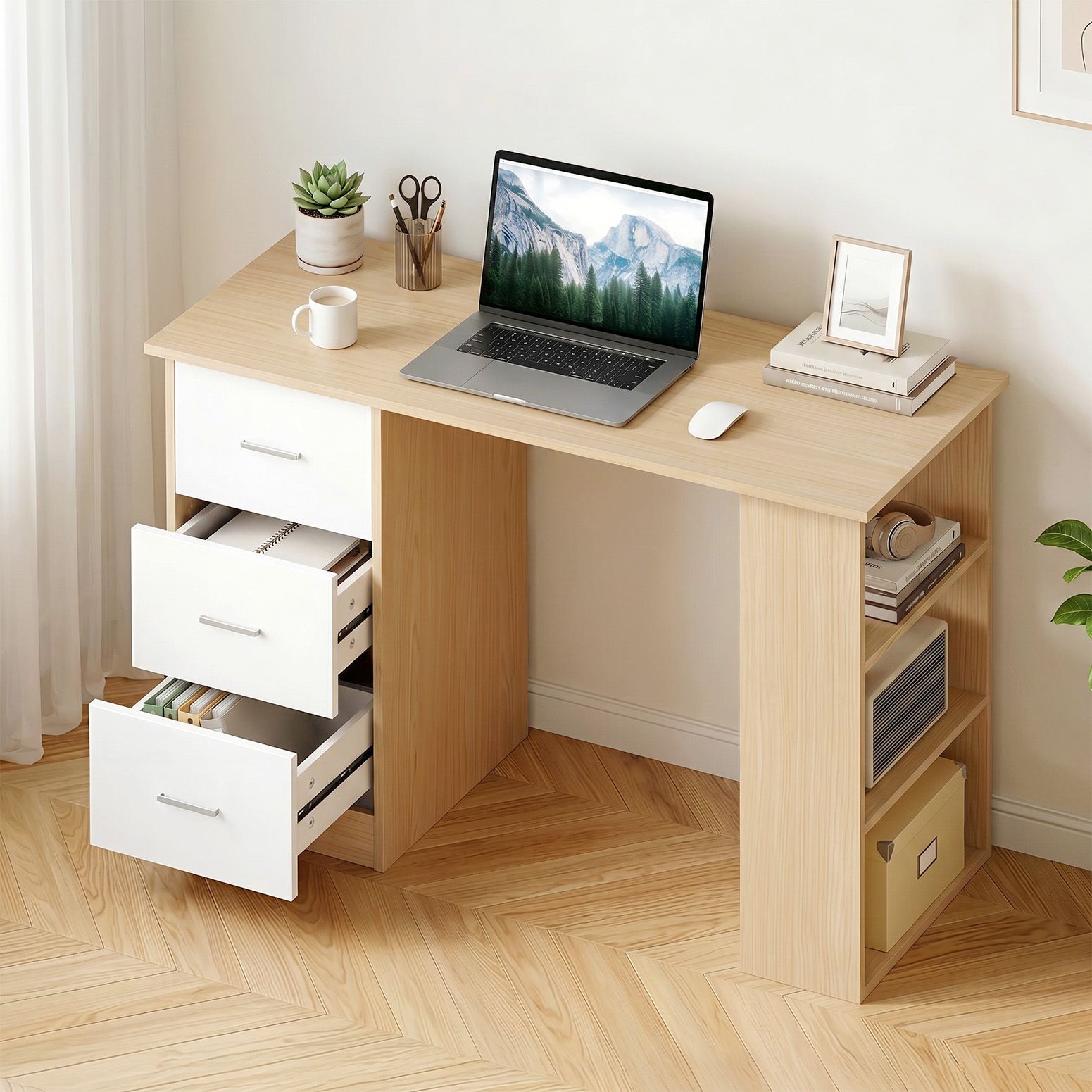 Artiss Computer Desk Drawer Shelf Oak White 120CM Bedworld