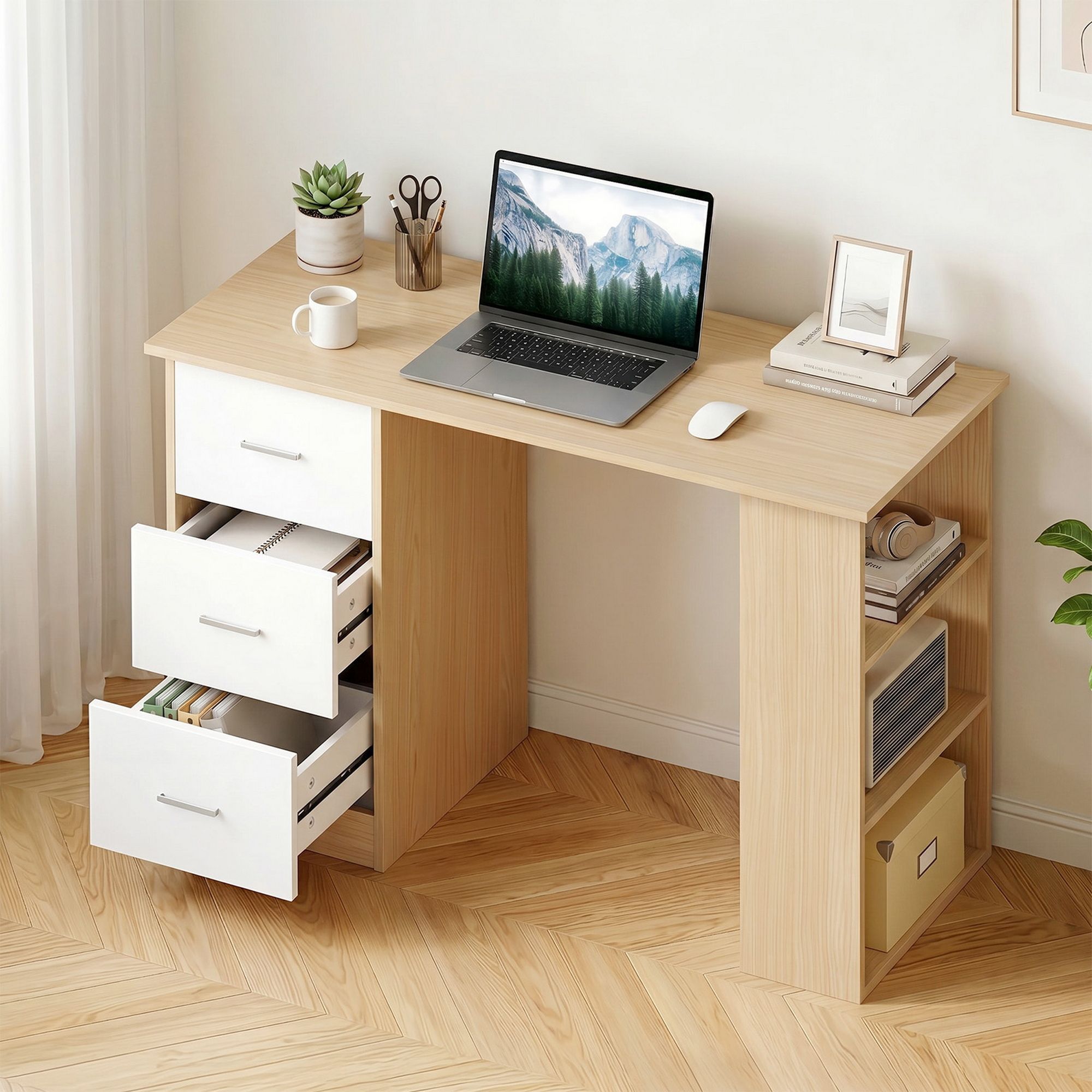 Artiss Computer Desk Drawer Shelf Oak White 120CM Bedworld