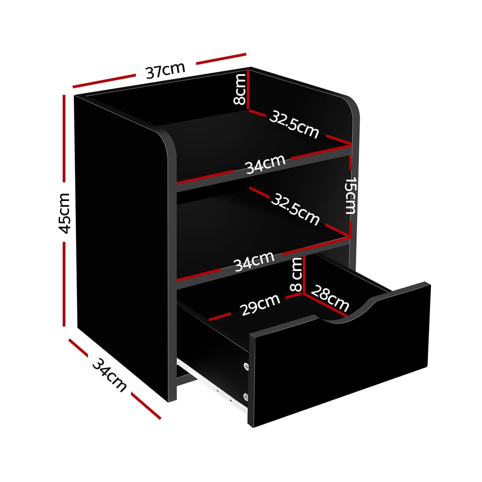 Black bedside table with open shelf and drawer, side angle
