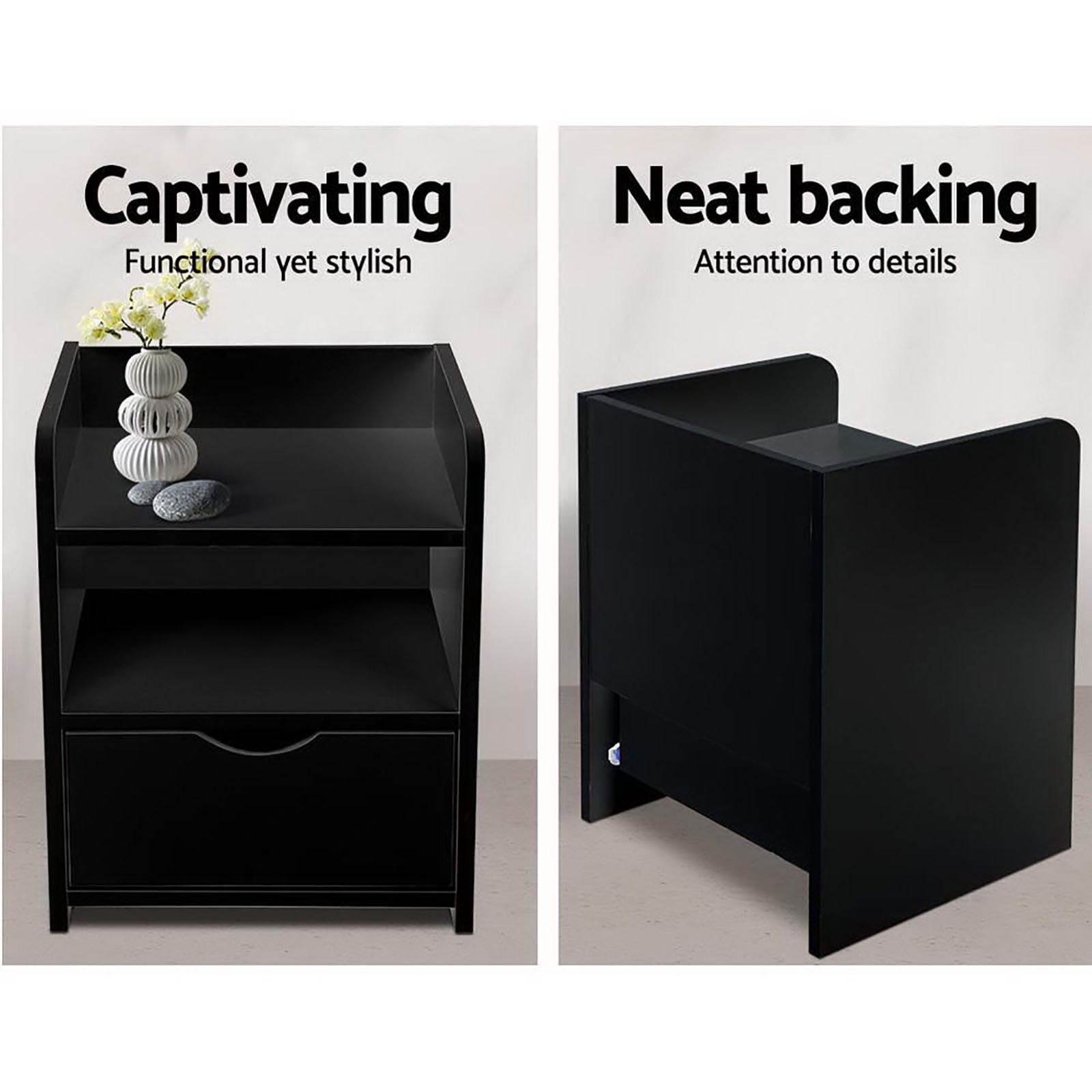 Black bedside table with open shelves and drawer, side panel view