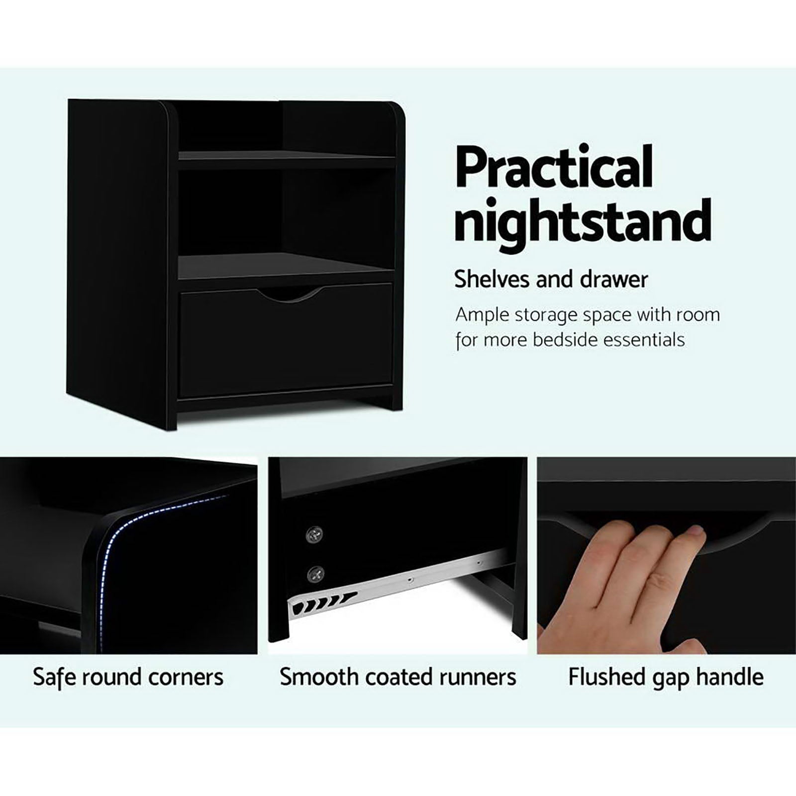 Black bedside table with open shelves and drawer front, handle detail