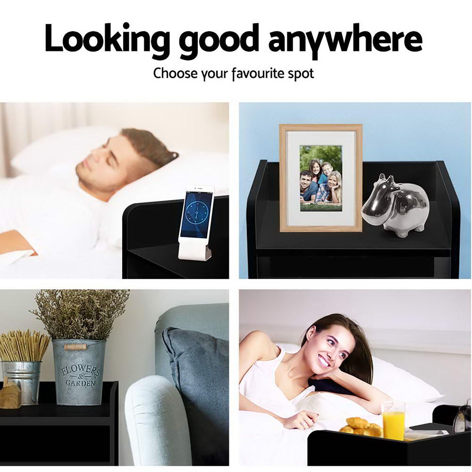 Black bedside table with top shelf and drawer, staged in a bedroom